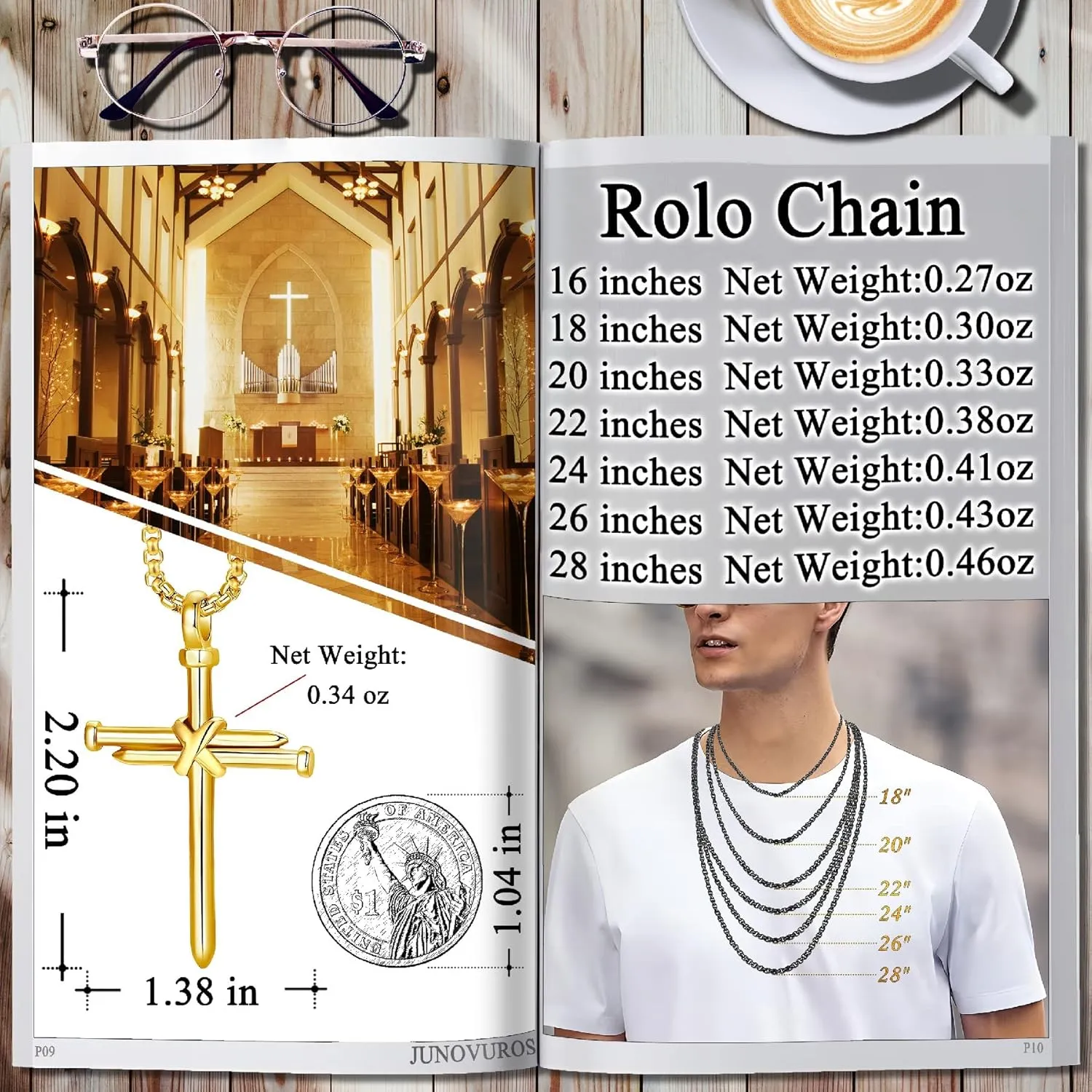 JUNOVUROS Nail Cross Necklace for Men Stainless Steel Religious Retro Nail Cross Pendant Necklace, 18 to 28 Inch Rolo Chain, Silver/Gold/Black