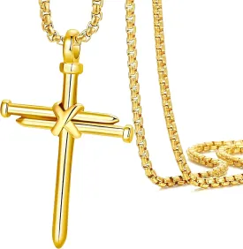 JUNOVUROS Nail Cross Necklace for Men Stainless Steel Religious Retro Nail Cross Pendant Necklace, 18 to 28 Inch Rolo Chain, Silver/Gold/Black