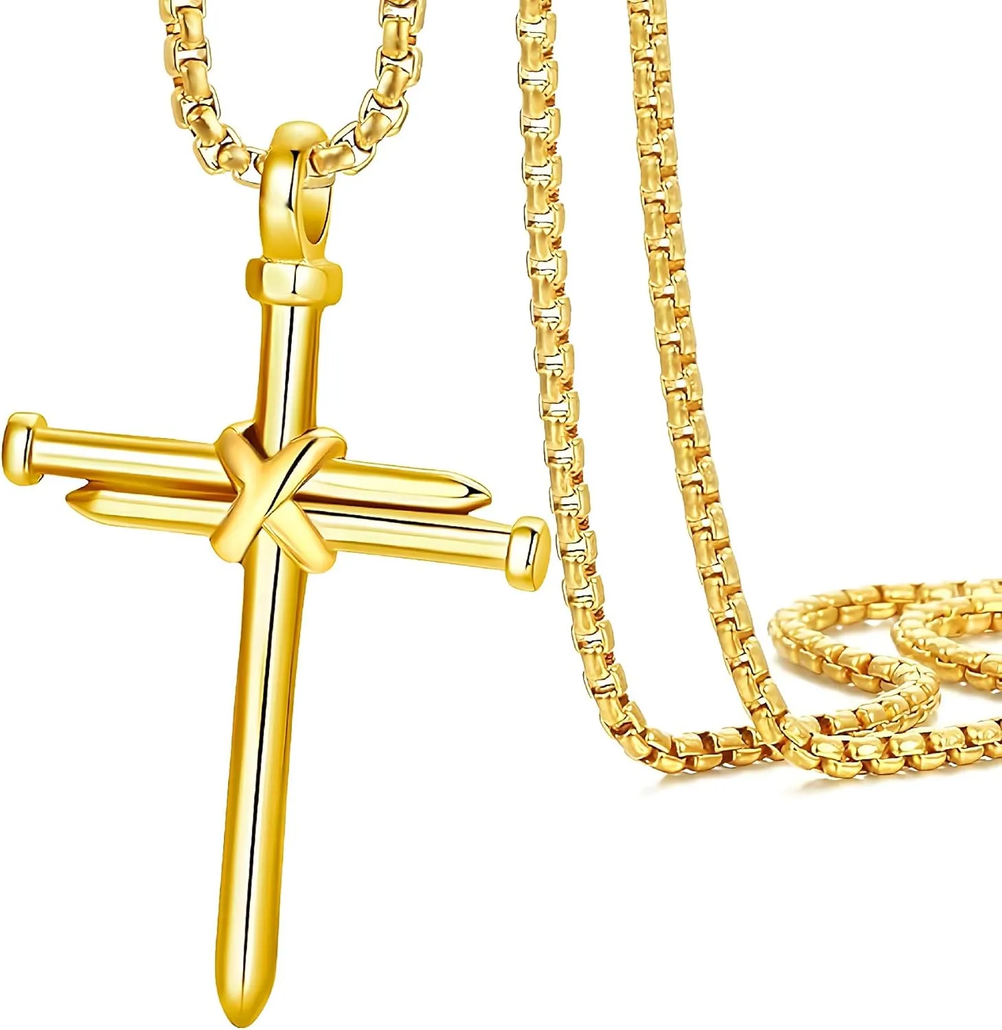 JUNOVUROS Nail Cross Necklace for Men Stainless Steel Religious Retro Nail Cross Pendant Necklace, 18 to 28 Inch Rolo Chain, Silver/Gold/Black