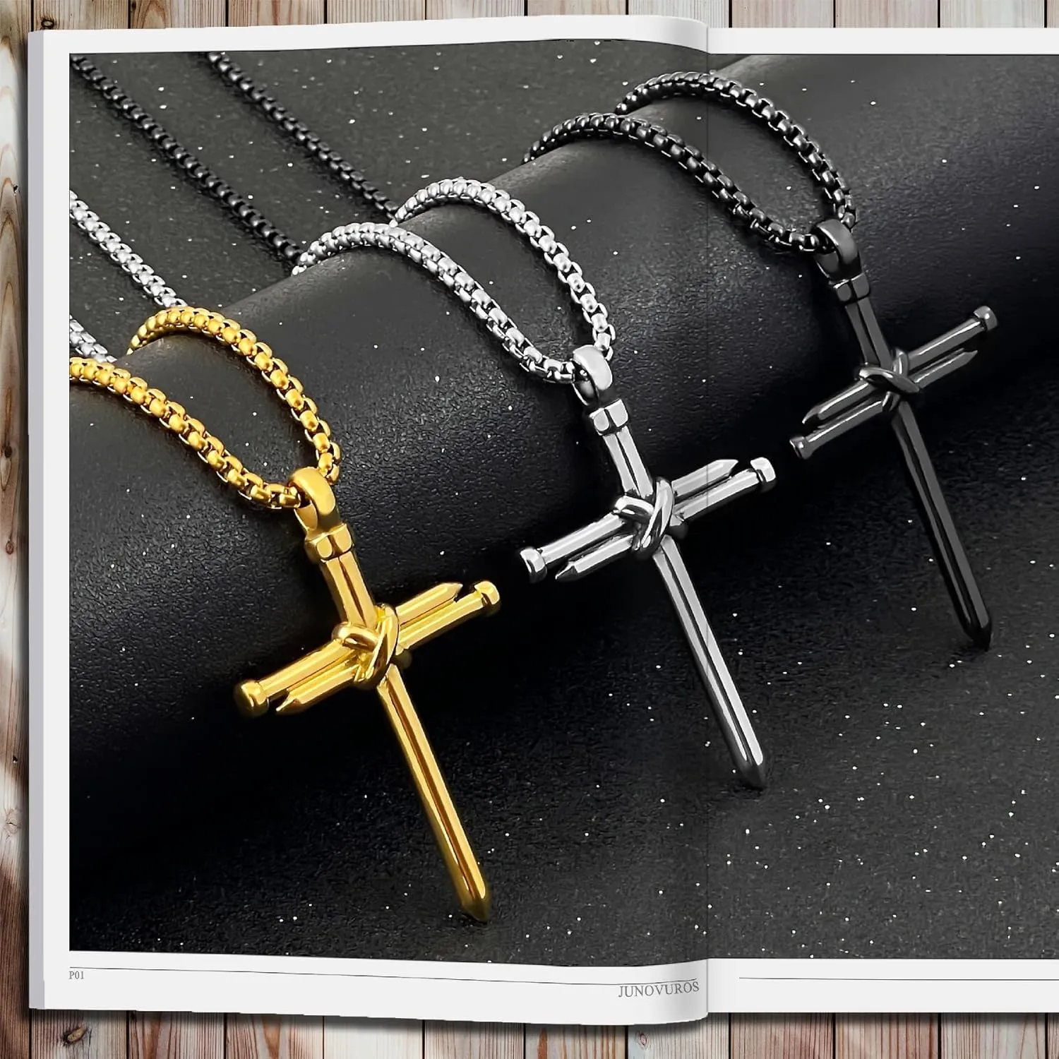 JUNOVUROS Nail Cross Necklace for Men Stainless Steel Religious Retro Nail Cross Pendant Necklace, 18 to 28 Inch Rolo Chain, Silver/Gold/Black