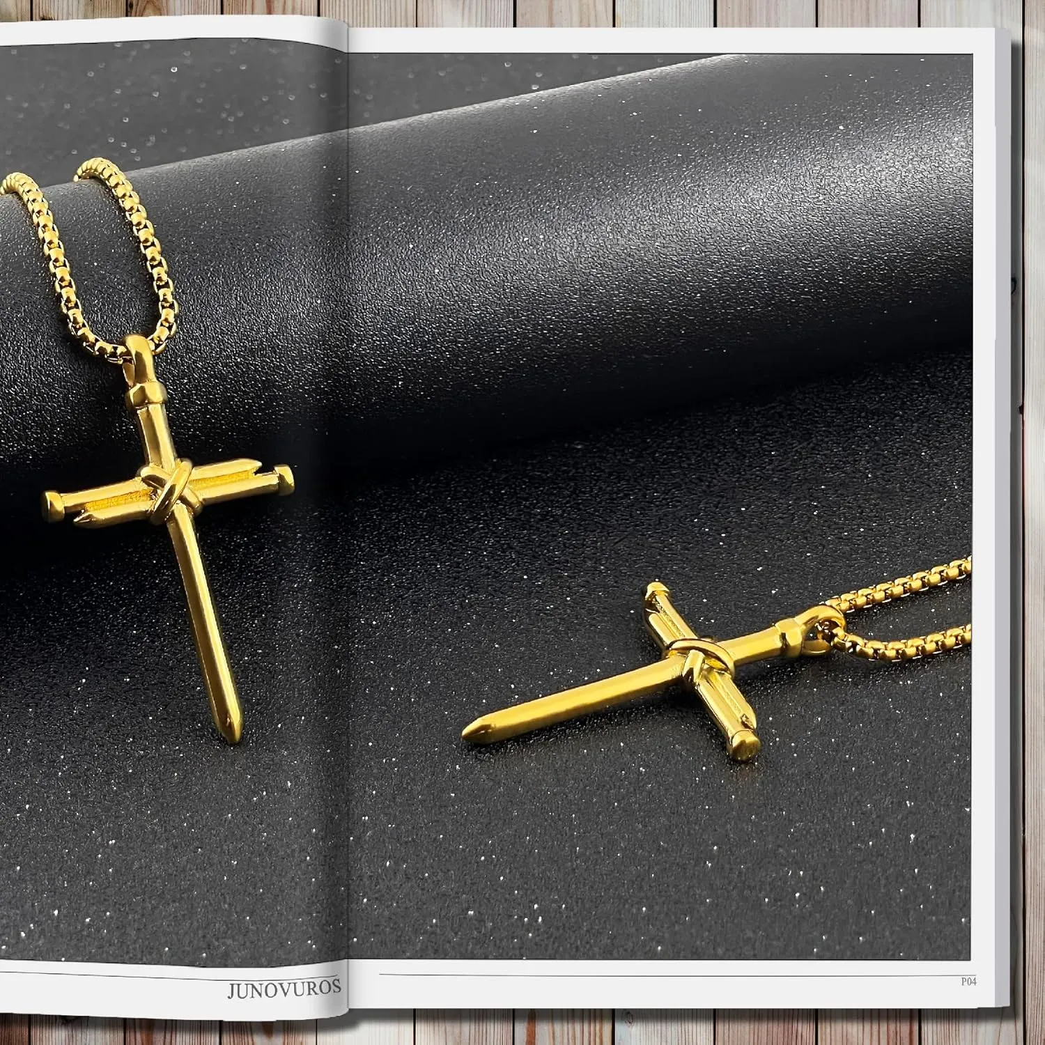 JUNOVUROS Nail Cross Necklace for Men Stainless Steel Religious Retro Nail Cross Pendant Necklace, 18 to 28 Inch Rolo Chain, Silver/Gold/Black