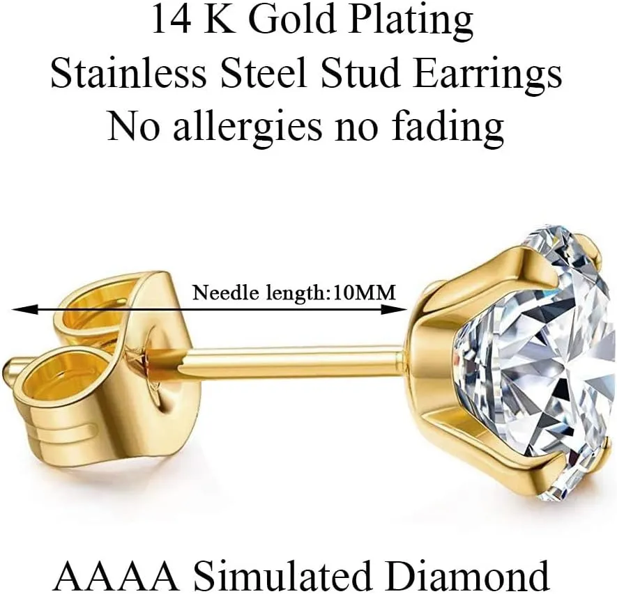 Kainier Women's 14K Gold Plated CZ Stud Earrings Simulated Diamond Round Cubic Zirconia Ear Stud Set5 Pairs)