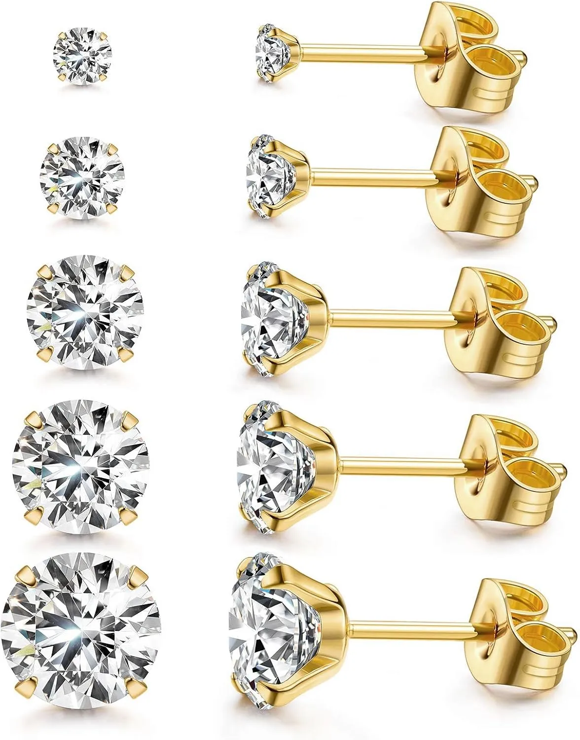 Kainier Women's 14K Gold Plated CZ Stud Earrings Simulated Diamond Round Cubic Zirconia Ear Stud Set5 Pairs)