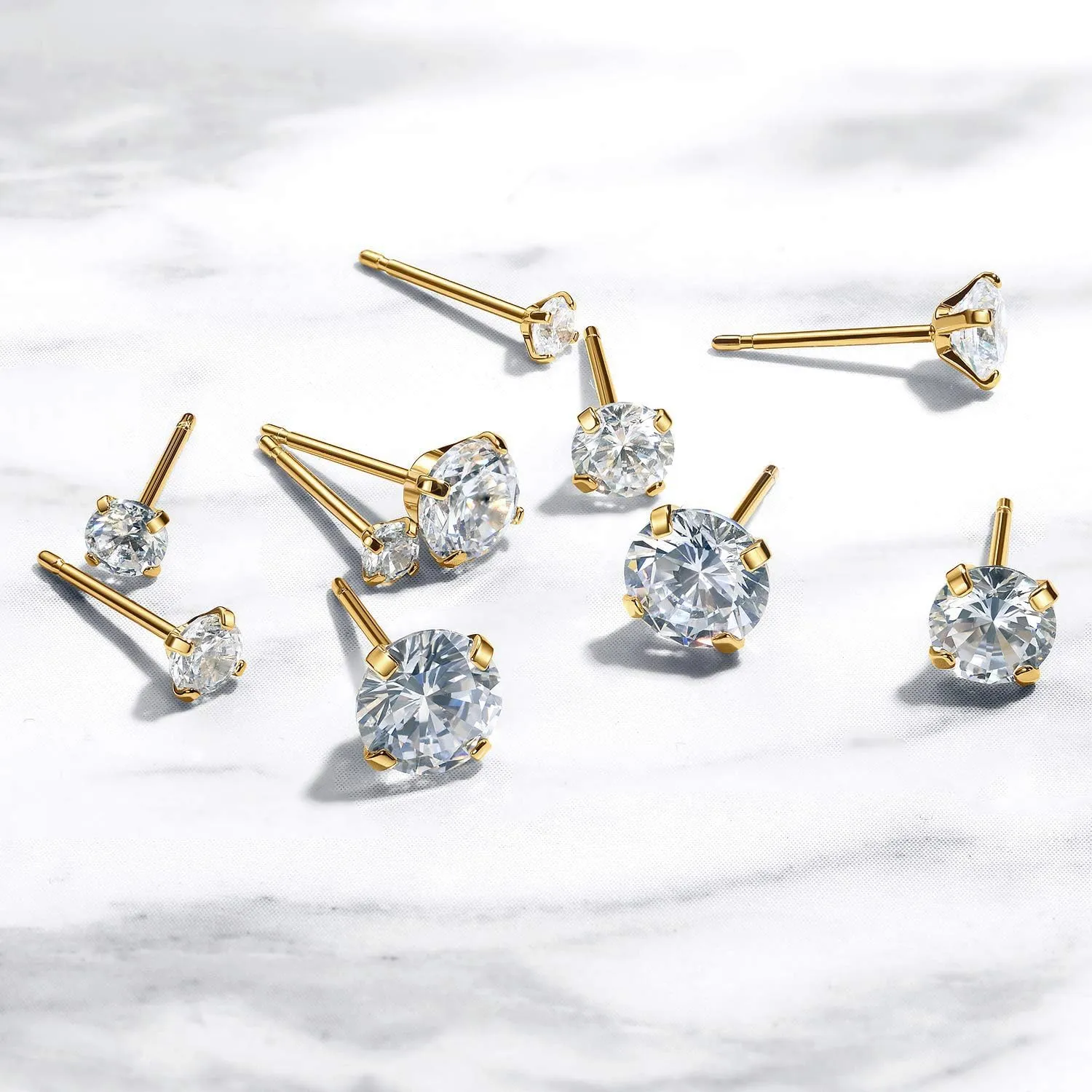 Kainier Women's 14K Gold Plated CZ Stud Earrings Simulated Diamond Round Cubic Zirconia Ear Stud Set5 Pairs)