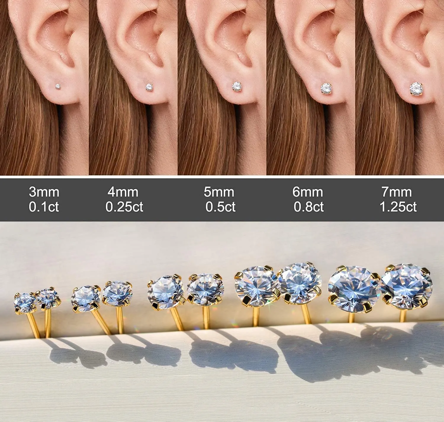 Kainier Women's 14K Gold Plated CZ Stud Earrings Simulated Diamond Round Cubic Zirconia Ear Stud Set5 Pairs)
