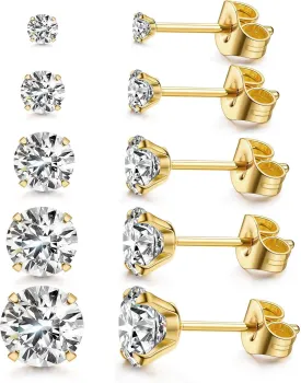 Kainier Women's 14K Gold Plated CZ Stud Earrings Simulated Diamond Round Cubic Zirconia Ear Stud Set5 Pairs)