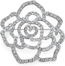 Large Fashion Statement Sparkling Party Rose Flower Shape Open Pave Crystal Wedding Brooch Scarf Pin For Women Silver Tone Rhodium Plated