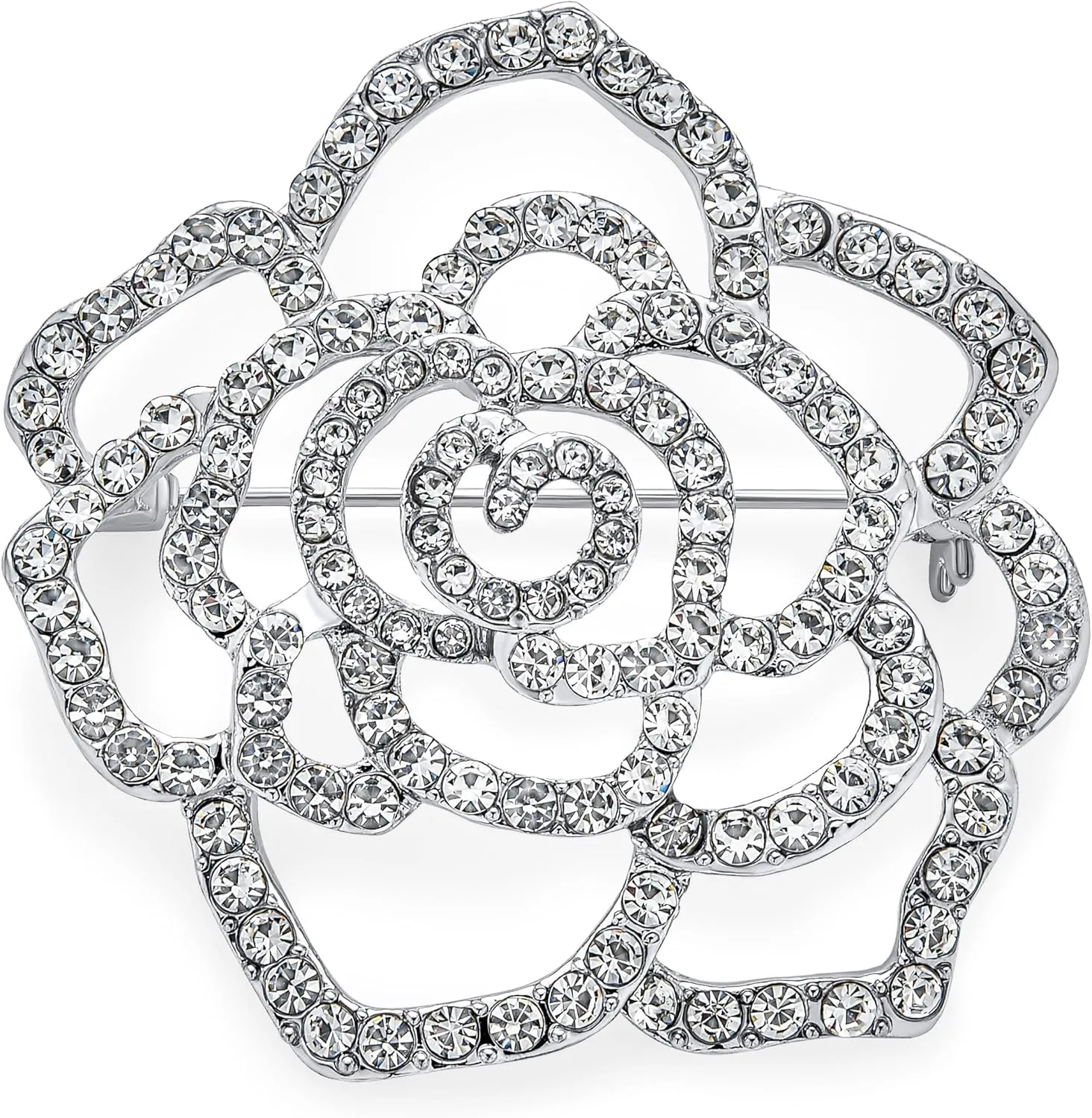 Large Fashion Statement Sparkling Party Rose Flower Shape Open Pave Crystal Wedding Brooch Scarf Pin For Women Silver Tone Rhodium Plated