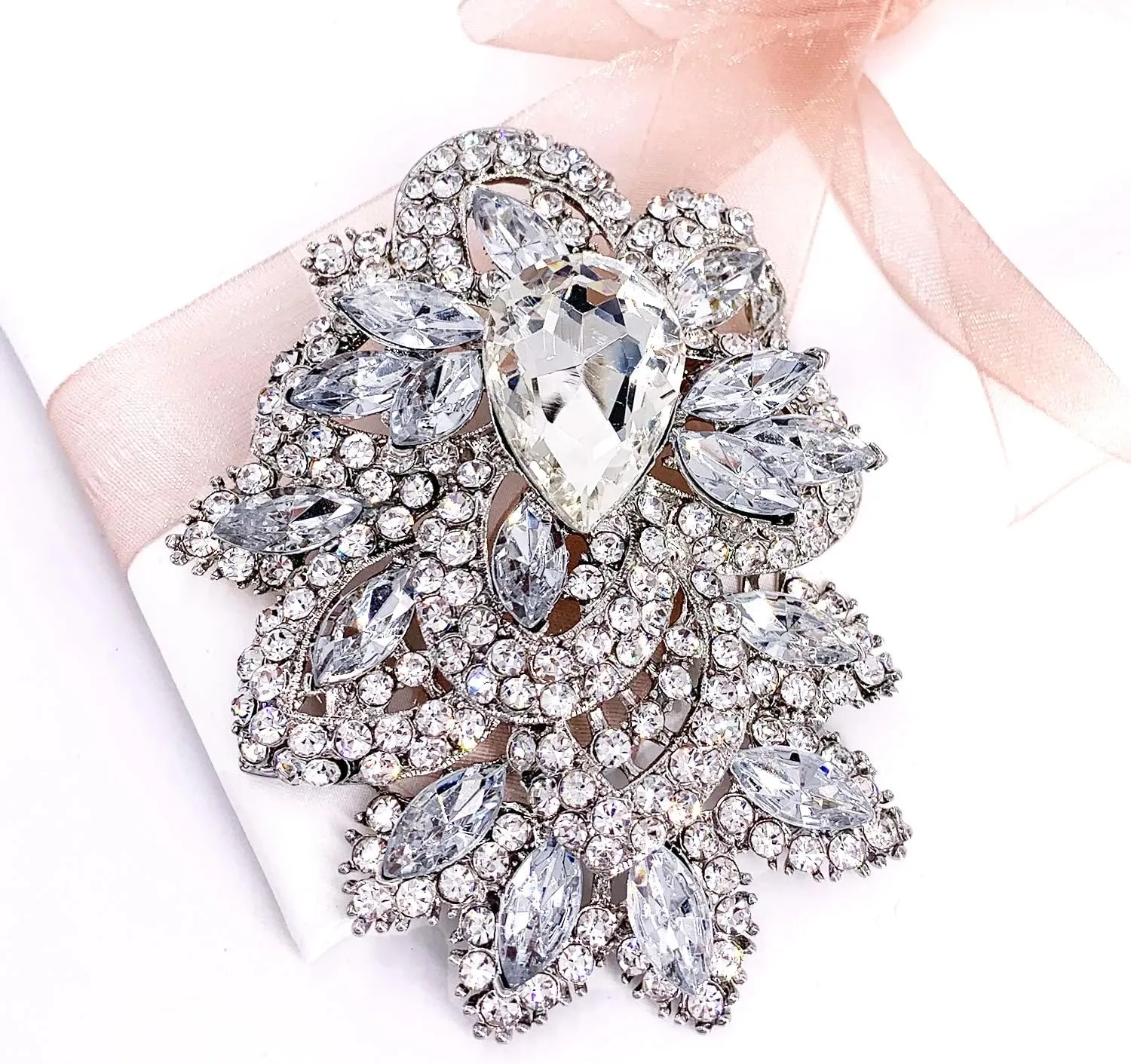 LAXPICOL Big Large Women's Vintage Austrian Crystal Elegant Flower Teardrop Brooch Gold Tone