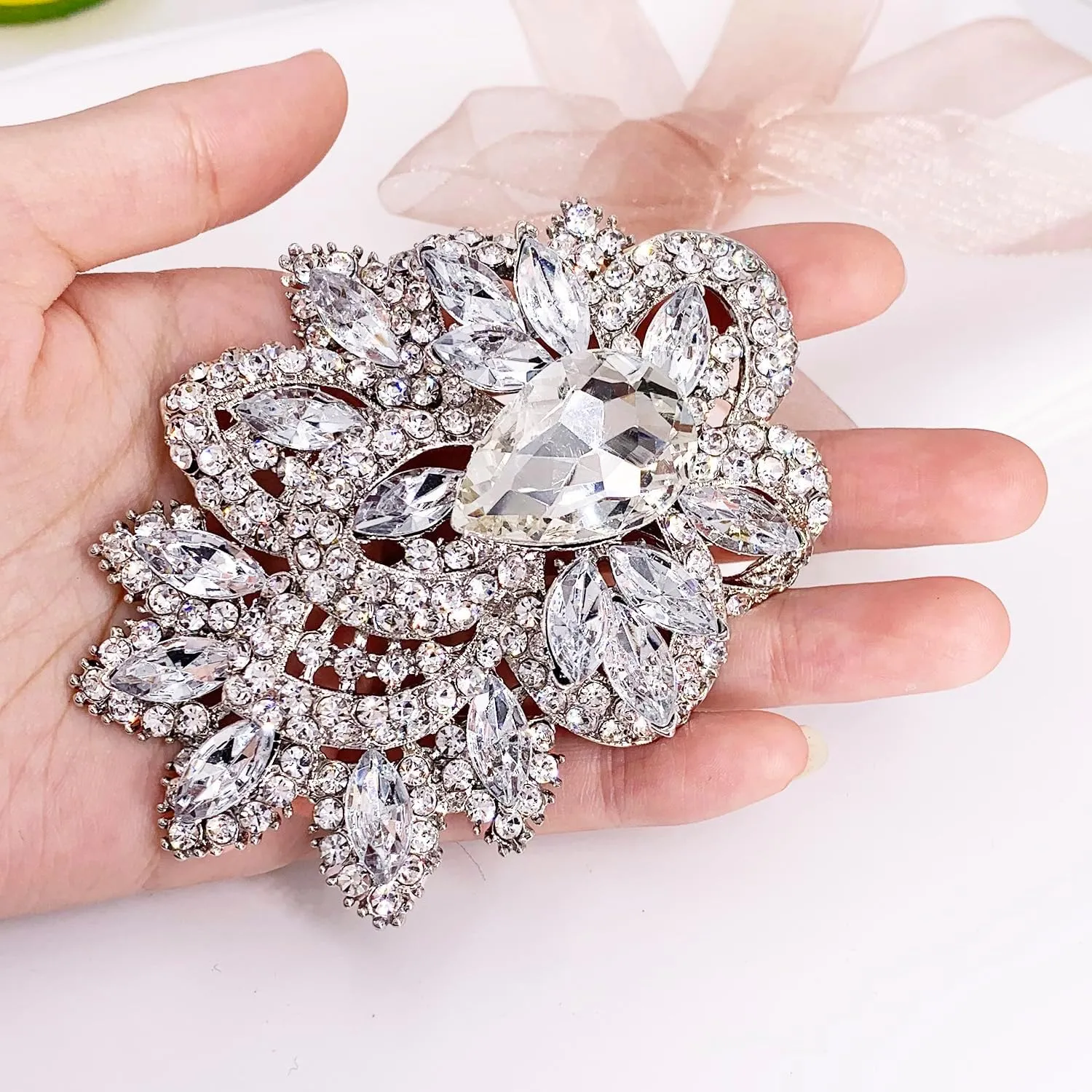 LAXPICOL Big Large Women's Vintage Austrian Crystal Elegant Flower Teardrop Brooch Gold Tone