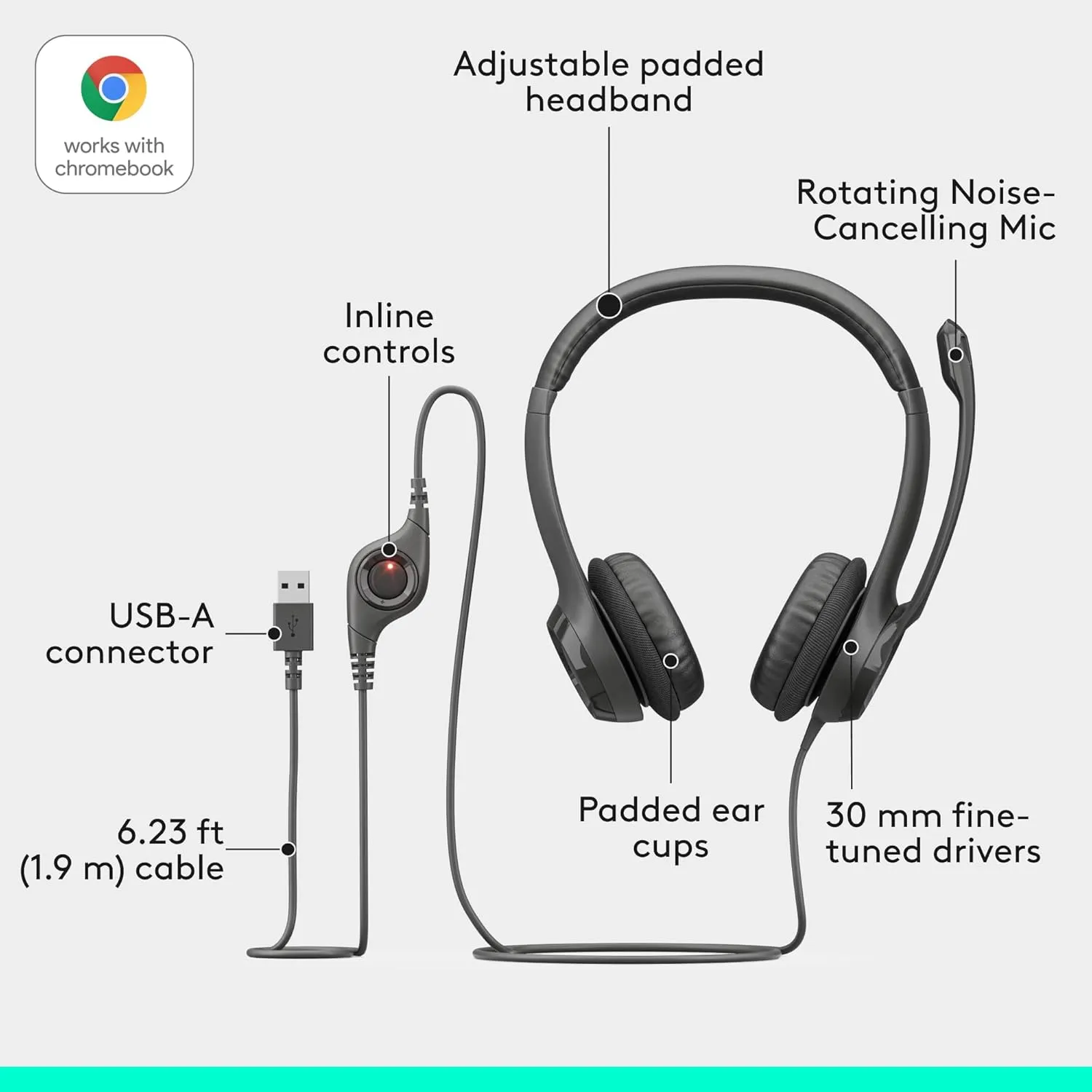 Logitech H390 Gaming Headphones, Wired Headphones with Mic, USB Headset with Microphone for PC, Noise Cancelling Microphone for Video Meetings, Music, Gaming - Black