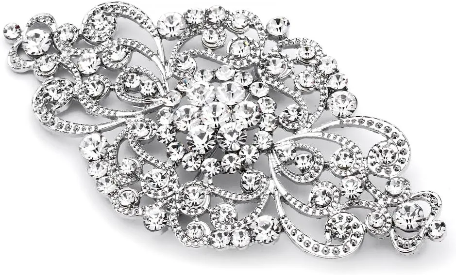 Mariell Vintage Bridal Crystal Brooch Pin, 4" Wide, Antique Silver Wedding Pin, Rhinestone Brooch for Brides and Wedding, Art Deco Fashion Accessory