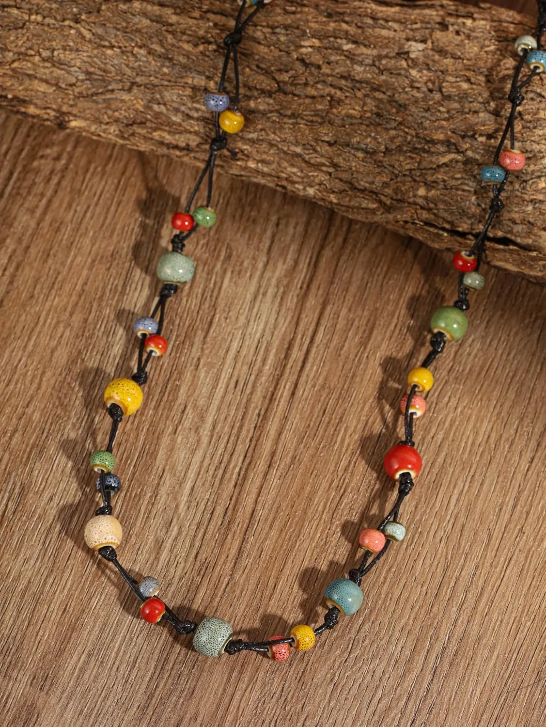 MINACHI Hippie Bohemian Colorful Ceramic Bead Long Strand Necklace, Boho Hippie Beach Summer Statement Jewelry Gift for Women
