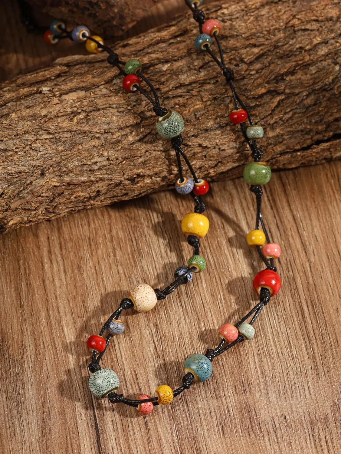 MINACHI Hippie Bohemian Colorful Ceramic Bead Long Strand Necklace, Boho Hippie Beach Summer Statement Jewelry Gift for Women