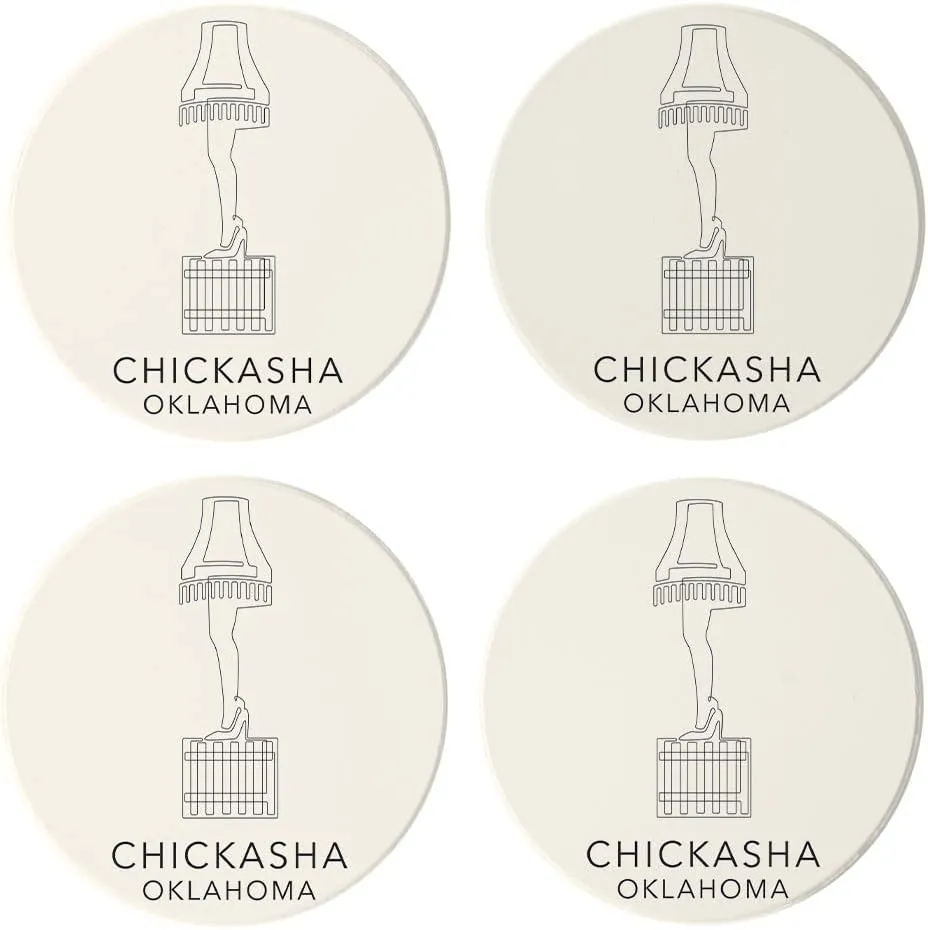 Modern Minimalist Oklahoma Chickasha Leg Lamp, Joyride Home Decor, 4 Ceramic Coasters, 4-inch Circle Drink Coasters, Set of 4, Non-Slip Cork Back, Protects Surfaces, Express Your Style.