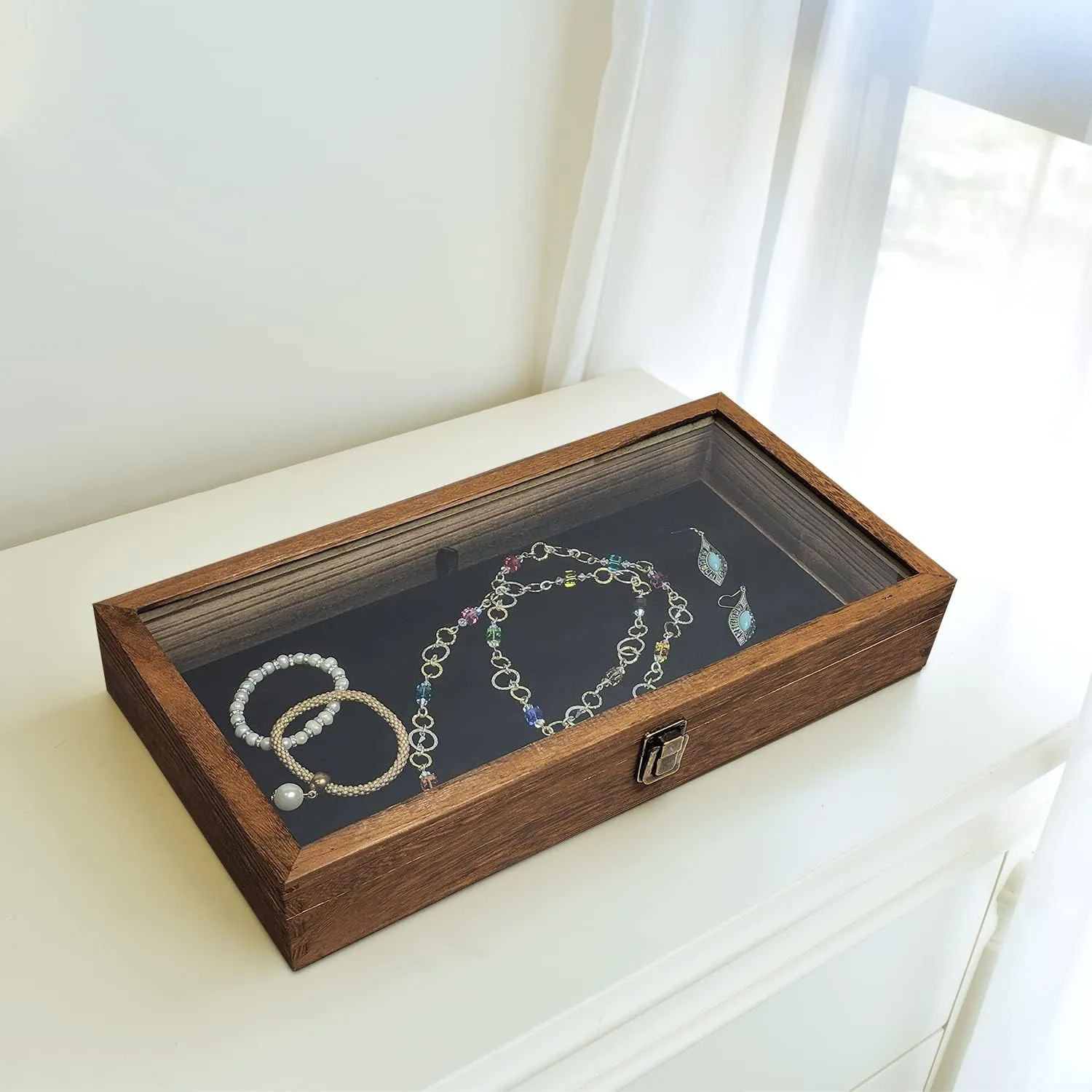 MOOCA Glass Top Wooden Jewelry Display Case with Removable Black Luxurious Velvet Jewelry Display Pad, Deeper 2.75-Inch Design for Taller Collectibles, Brown Color