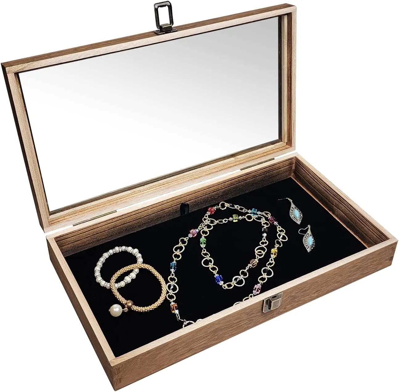 MOOCA Glass Top Wooden Jewelry Display Case with Removable Black Luxurious Velvet Jewelry Display Pad, Deeper 2.75-Inch Design for Taller Collectibles, Brown Color