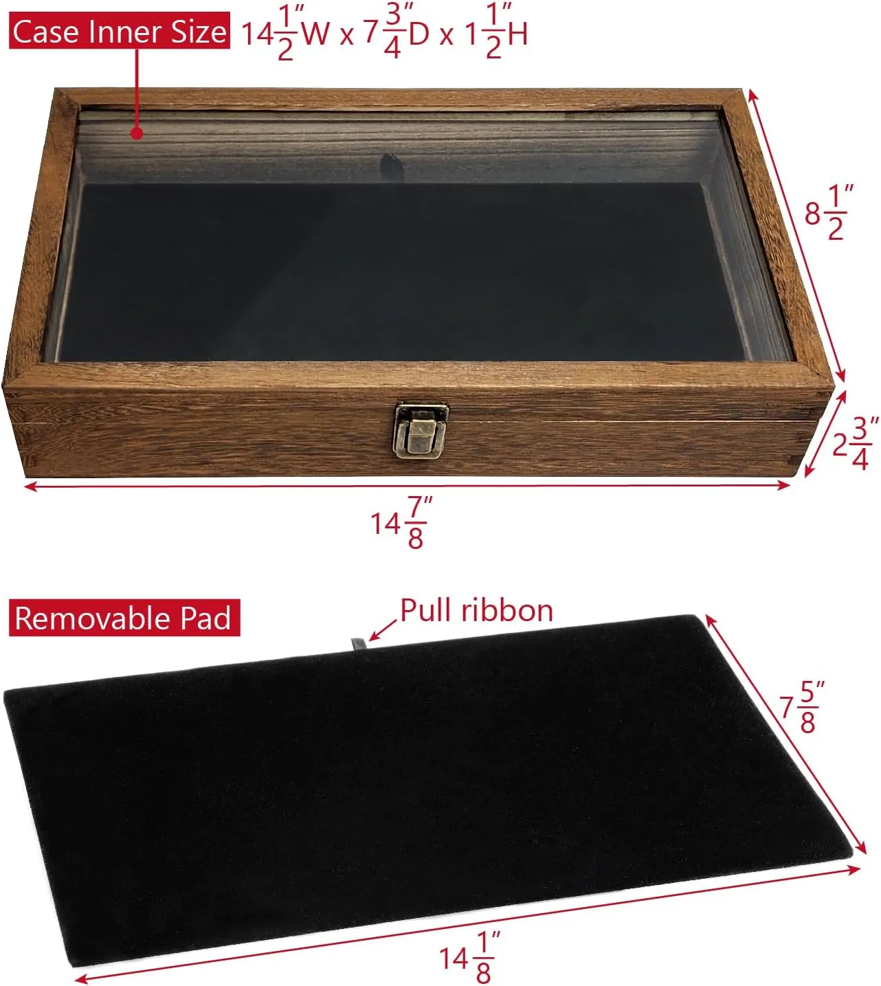 MOOCA Glass Top Wooden Jewelry Display Case with Removable Black Luxurious Velvet Jewelry Display Pad, Deeper 2.75-Inch Design for Taller Collectibles, Brown Color