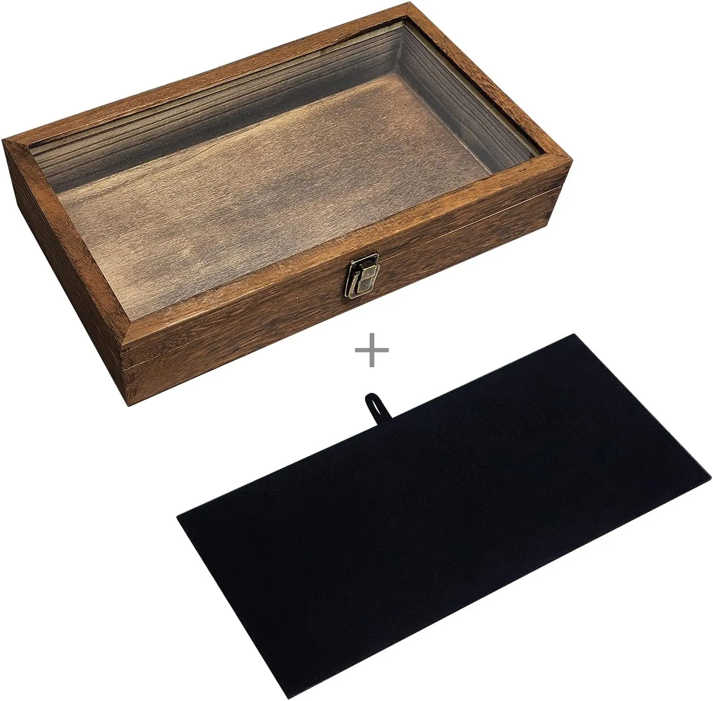 MOOCA Glass Top Wooden Jewelry Display Case with Removable Black Luxurious Velvet Jewelry Display Pad, Deeper 2.75-Inch Design for Taller Collectibles, Brown Color