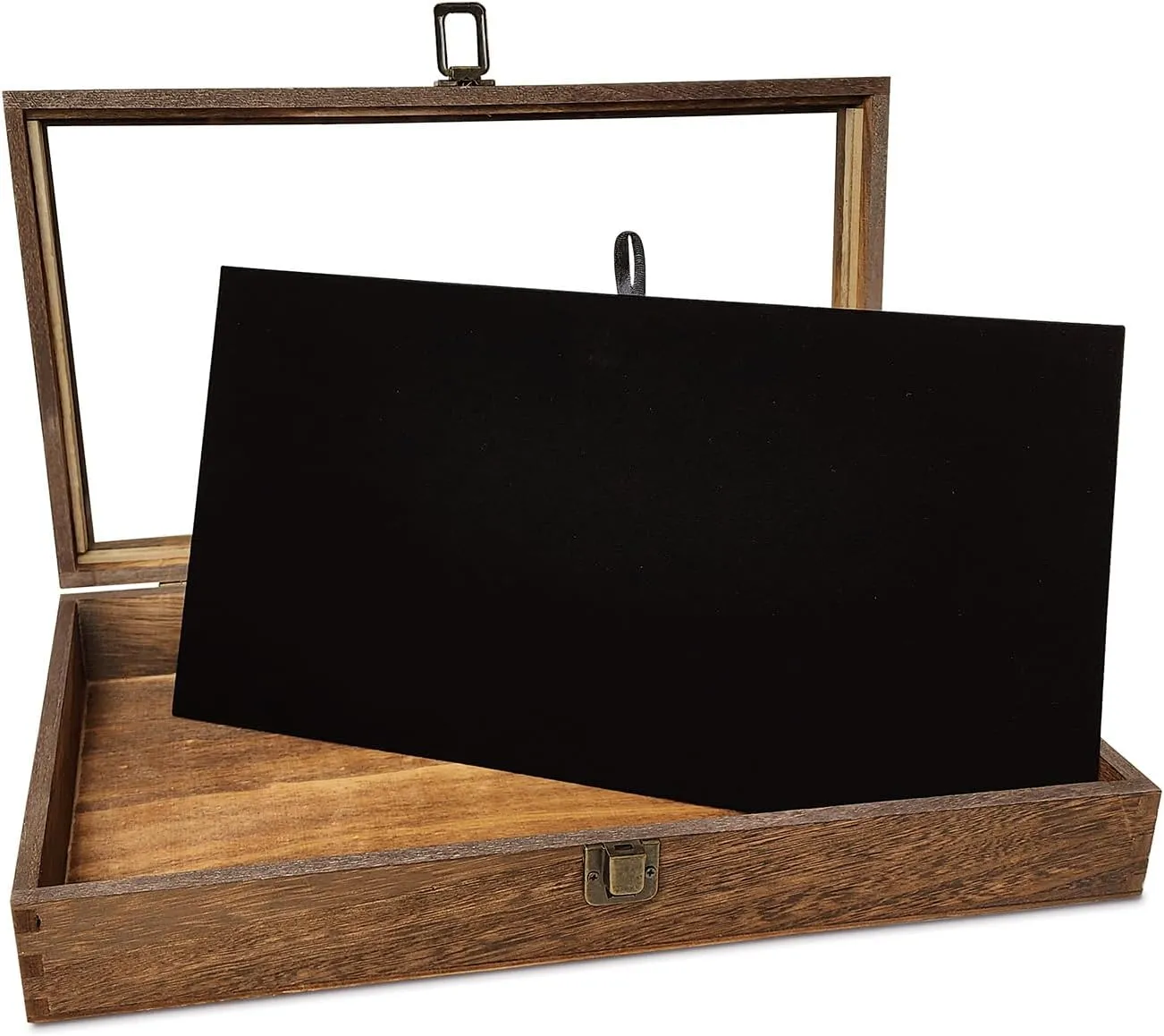 MOOCA Glass Top Wooden Jewelry Display Case with Removable Black Luxurious Velvet Jewelry Display Pad, Deeper 2.75-Inch Design for Taller Collectibles, Brown Color