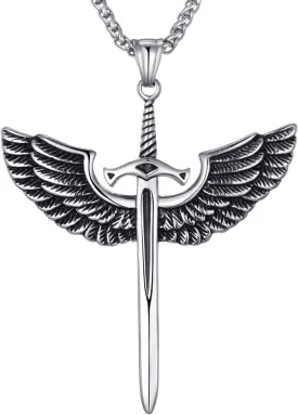 Moolee Mens Stainless Steel Pendant Necklace Angel Wings Sword Cross Pendant with 24 Inches Link Chain