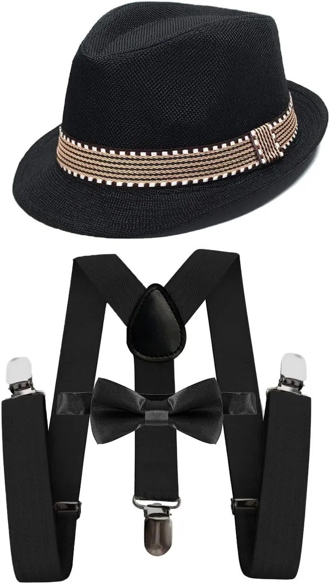 MYRISAM Kids 1920's Themed Party Costume Accessories Set Fedora Gangster Hat Adjustable Suspenders Bow Tie 3pcs Outfits