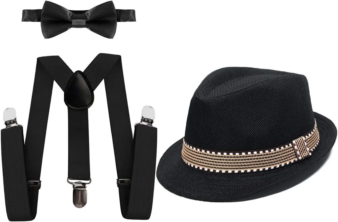 MYRISAM Kids 1920's Themed Party Costume Accessories Set Fedora Gangster Hat Adjustable Suspenders Bow Tie 3pcs Outfits