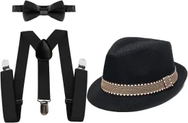 MYRISAM Kids 1920's Themed Party Costume Accessories Set Fedora Gangster Hat Adjustable Suspenders Bow Tie 3pcs Outfits