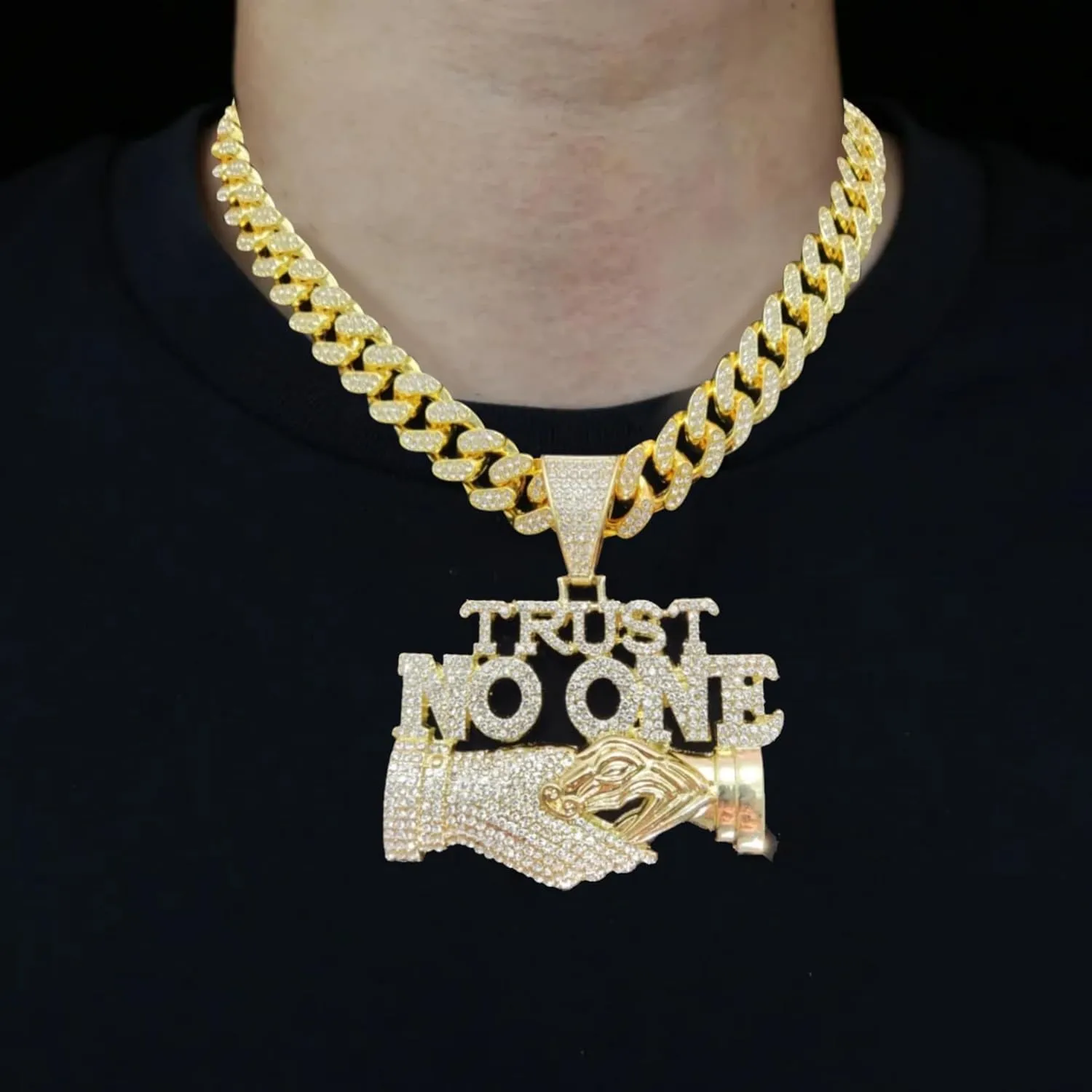 N-Made Beautiful Hip Hop Trust No One Pendant Necklace - Iced Out Pendant, Cuban Chain Width 13mm