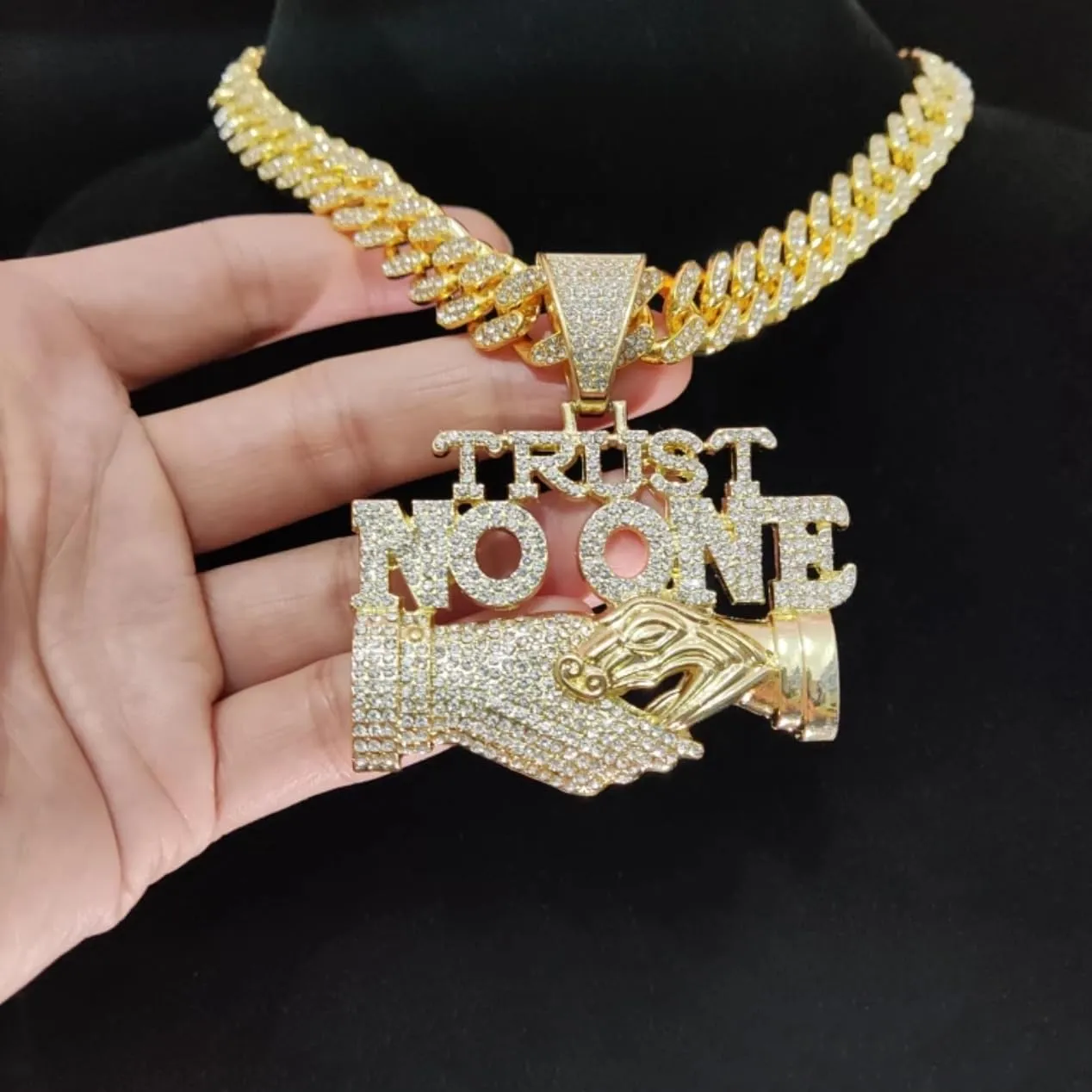 N-Made Beautiful Hip Hop Trust No One Pendant Necklace - Iced Out Pendant, Cuban Chain Width 13mm