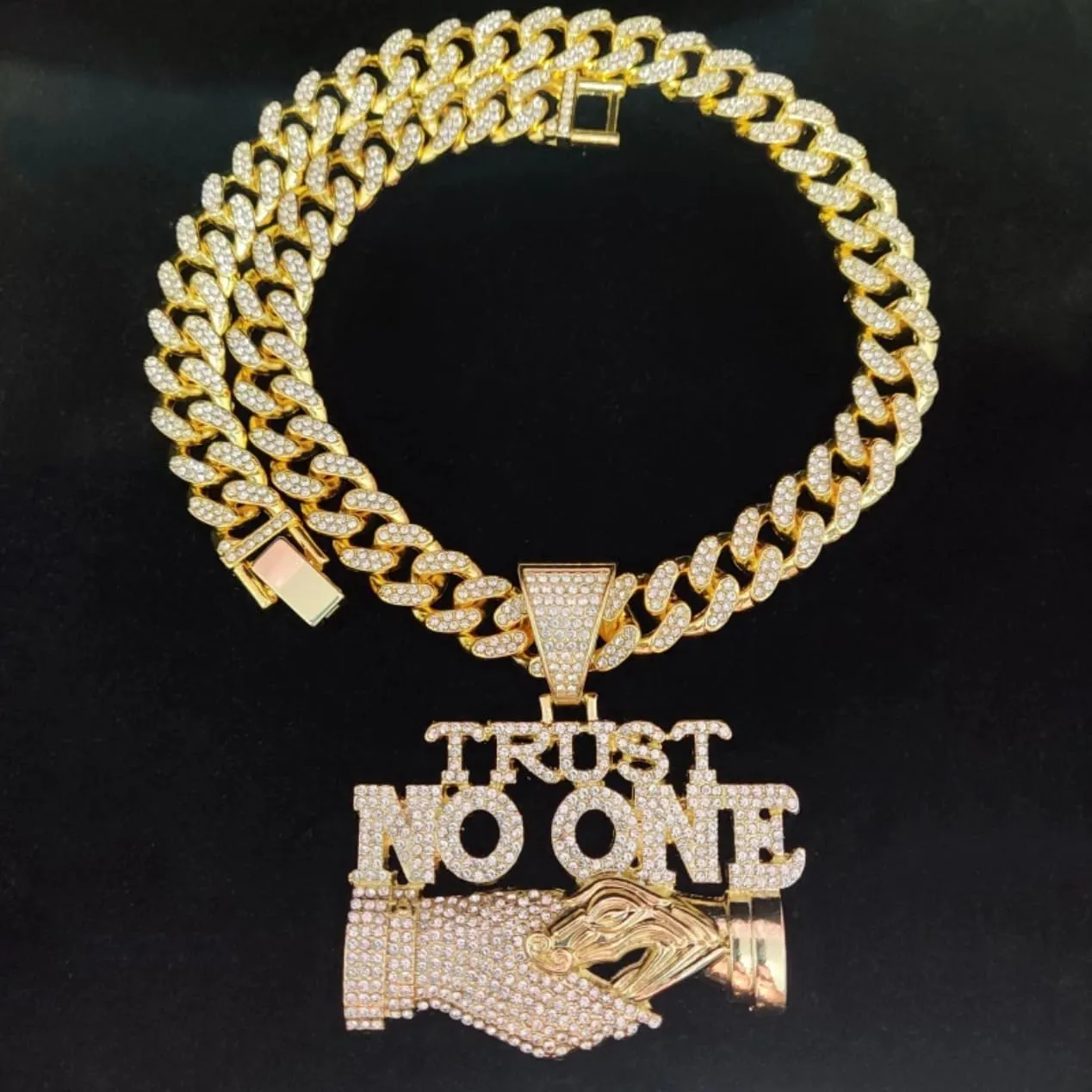 N-Made Beautiful Hip Hop Trust No One Pendant Necklace - Iced Out Pendant, Cuban Chain Width 13mm