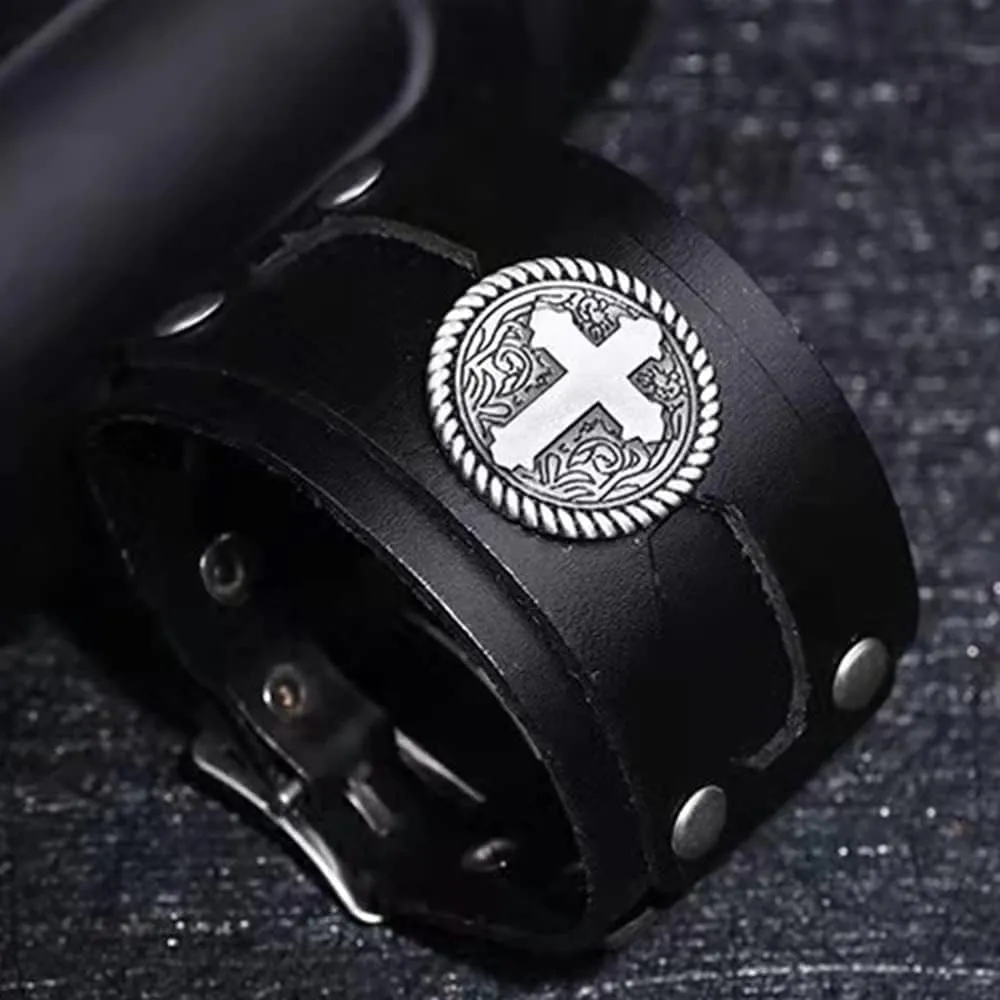 NIGHTCRUZ Wide Leather Bracelet with Cross, Medieval Leather Cuff Wristband for Mens