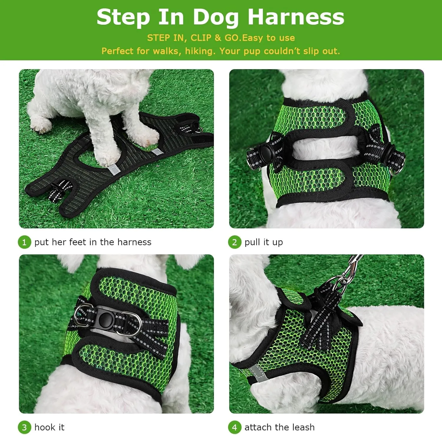 No Pull Small Dog Harness for Under 22 lbs Dogs, Step in Air Mesh Puppy Reflective Lightweight Dogs Cats Vest (Green