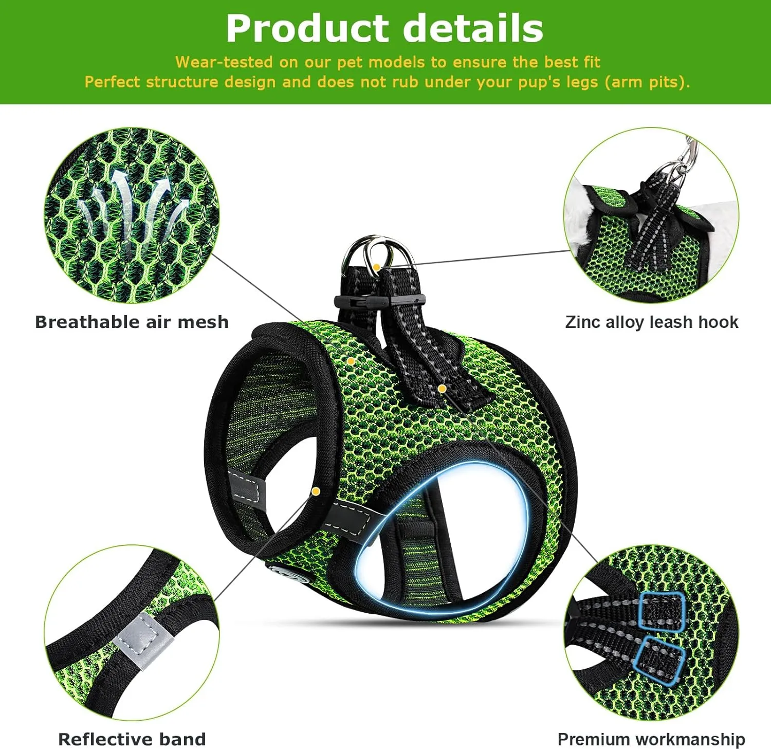 No Pull Small Dog Harness for Under 22 lbs Dogs, Step in Air Mesh Puppy Reflective Lightweight Dogs Cats Vest (Green