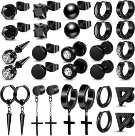 ONESING 15 Pairs Black Earrings for Men, Stainless Steel Mens Earrings set with Studs Hoop Earring Cross Dangle Earrings Hypoallergenic Ear Piercing Jewelry for Men Women