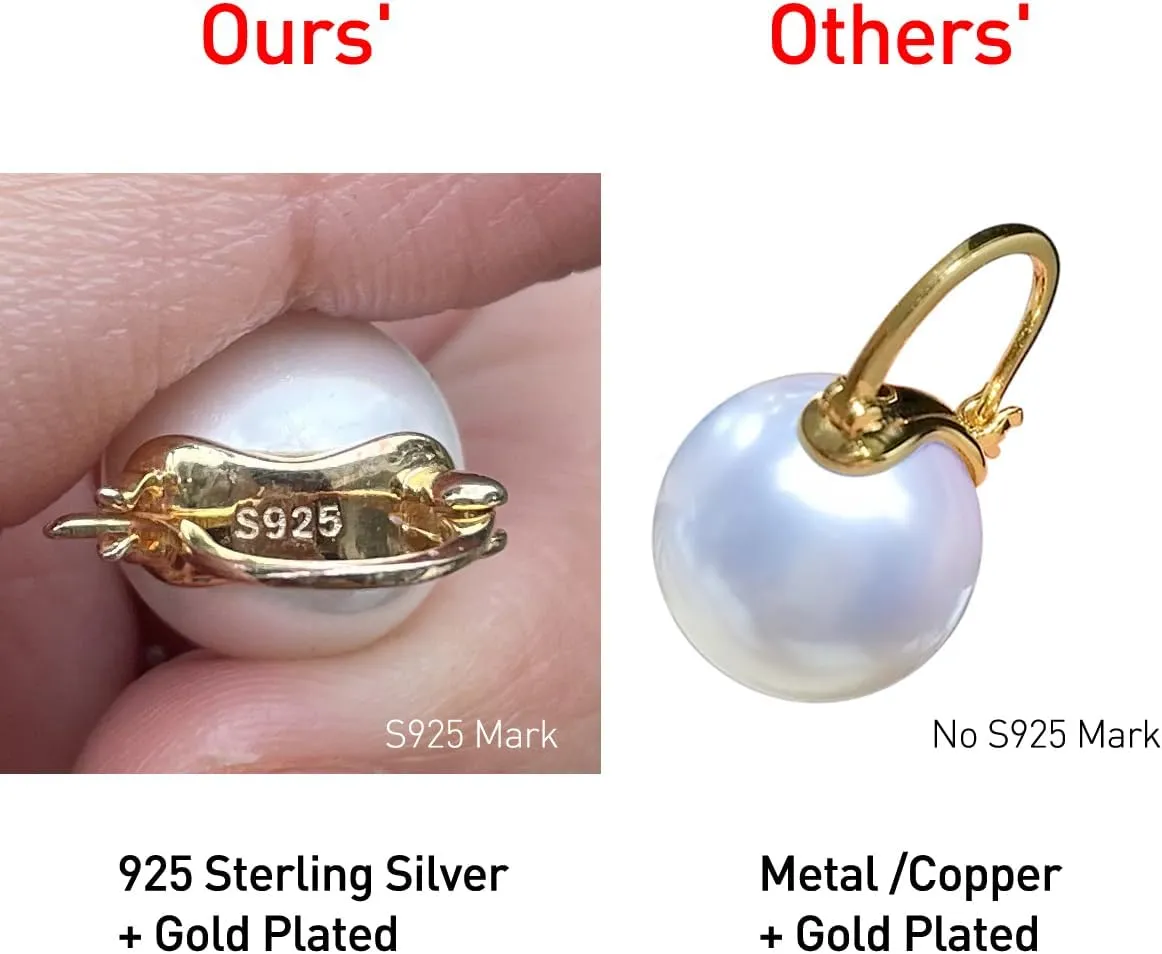OwMell Elegant 925 Sterling Silver Pearl Drop Earrings Dangle Stud Gold Plated Earrings for Women Large Size 12mm