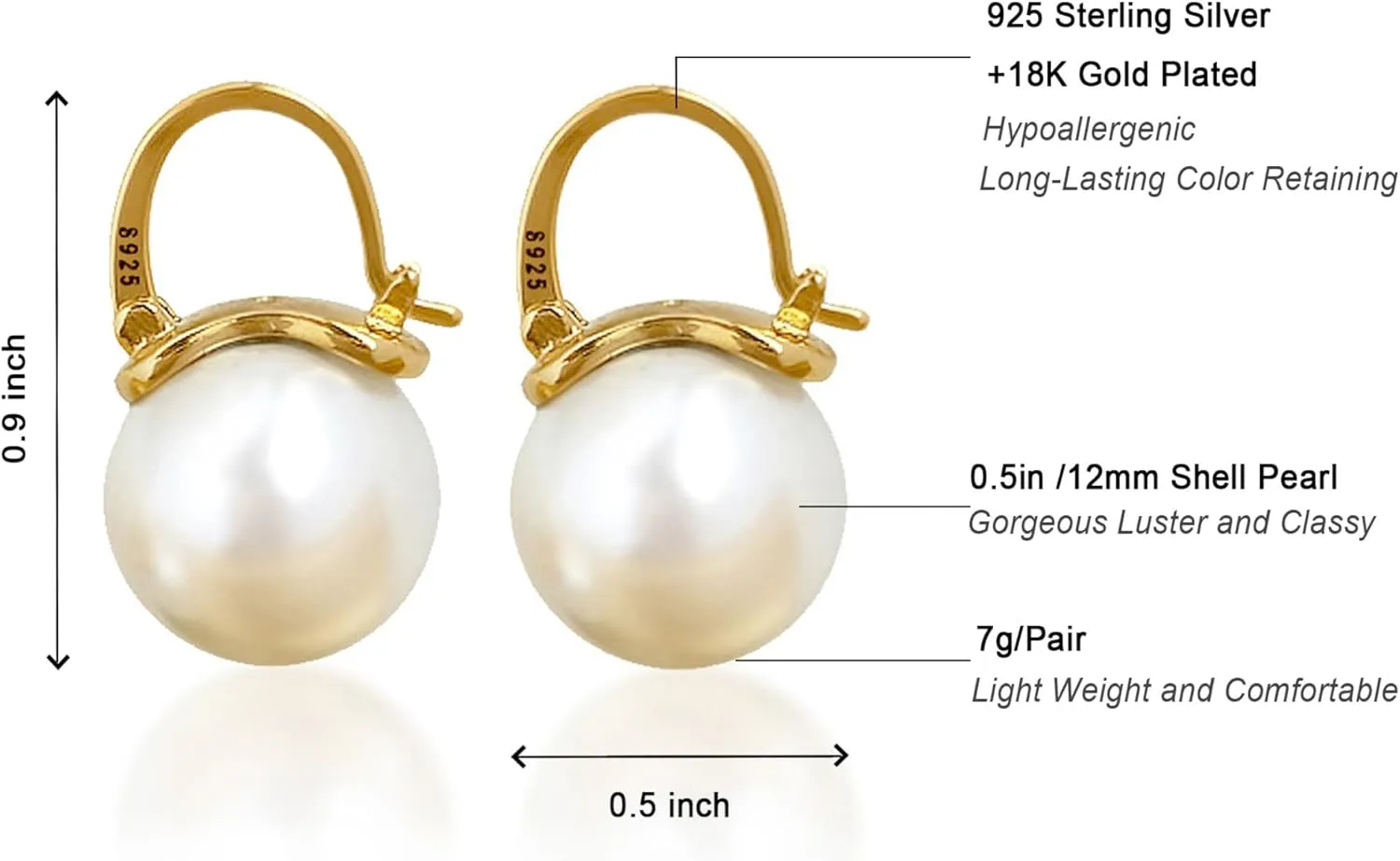 OwMell Elegant 925 Sterling Silver Pearl Drop Earrings Dangle Stud Gold Plated Earrings for Women Large Size 12mm