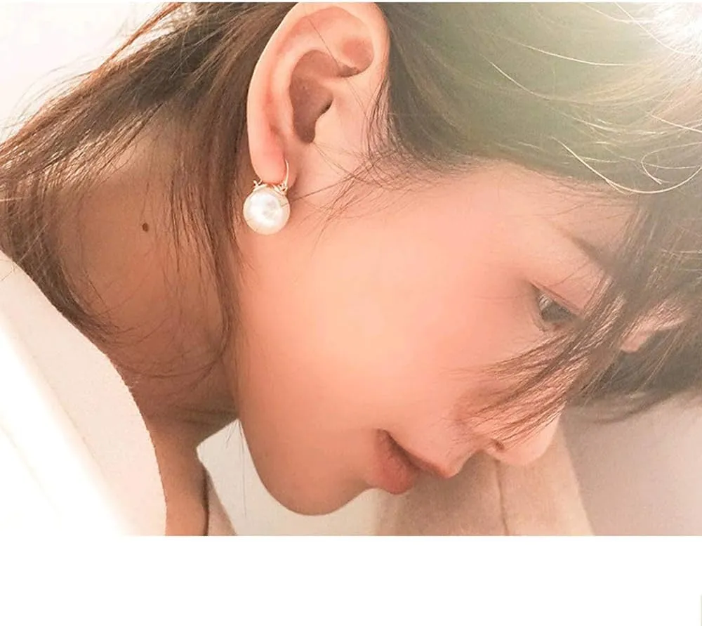 OwMell Elegant 925 Sterling Silver Pearl Drop Earrings Dangle Stud Gold Plated Earrings for Women Large Size 12mm