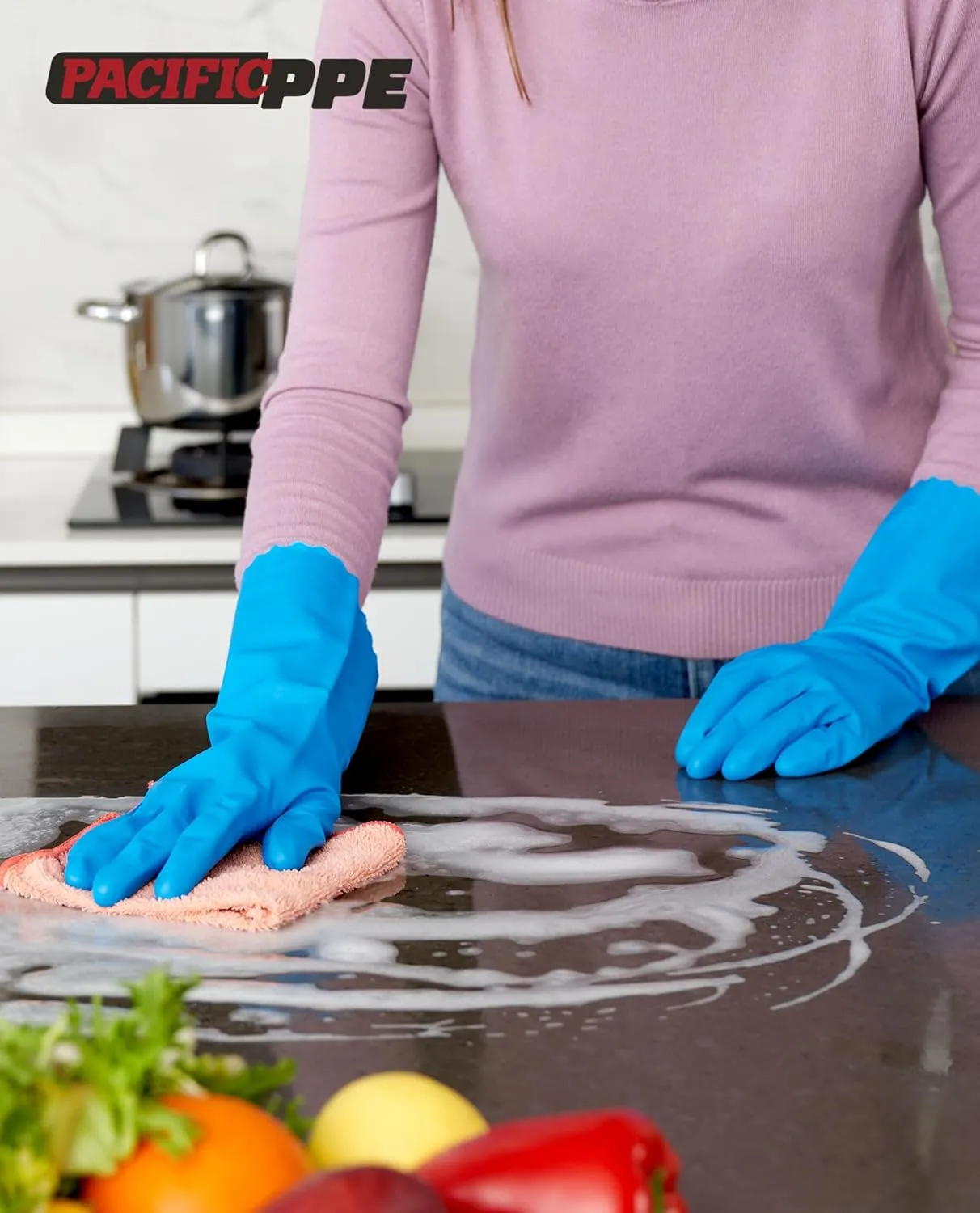 PACIFIC PPE 4 Pairs Reusable Dishwashing Cleaning Gloves with Latex Free, Cotton Lining, Kitchen Gloves, Blue, Large