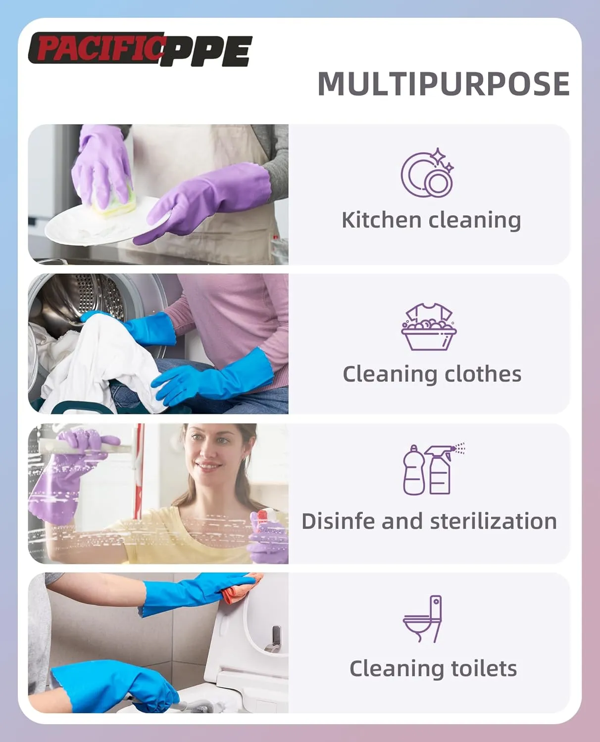 PACIFIC PPE 4 Pairs Reusable Dishwashing Cleaning Gloves with Latex Free, Cotton Lining, Kitchen Gloves, Blue, Large