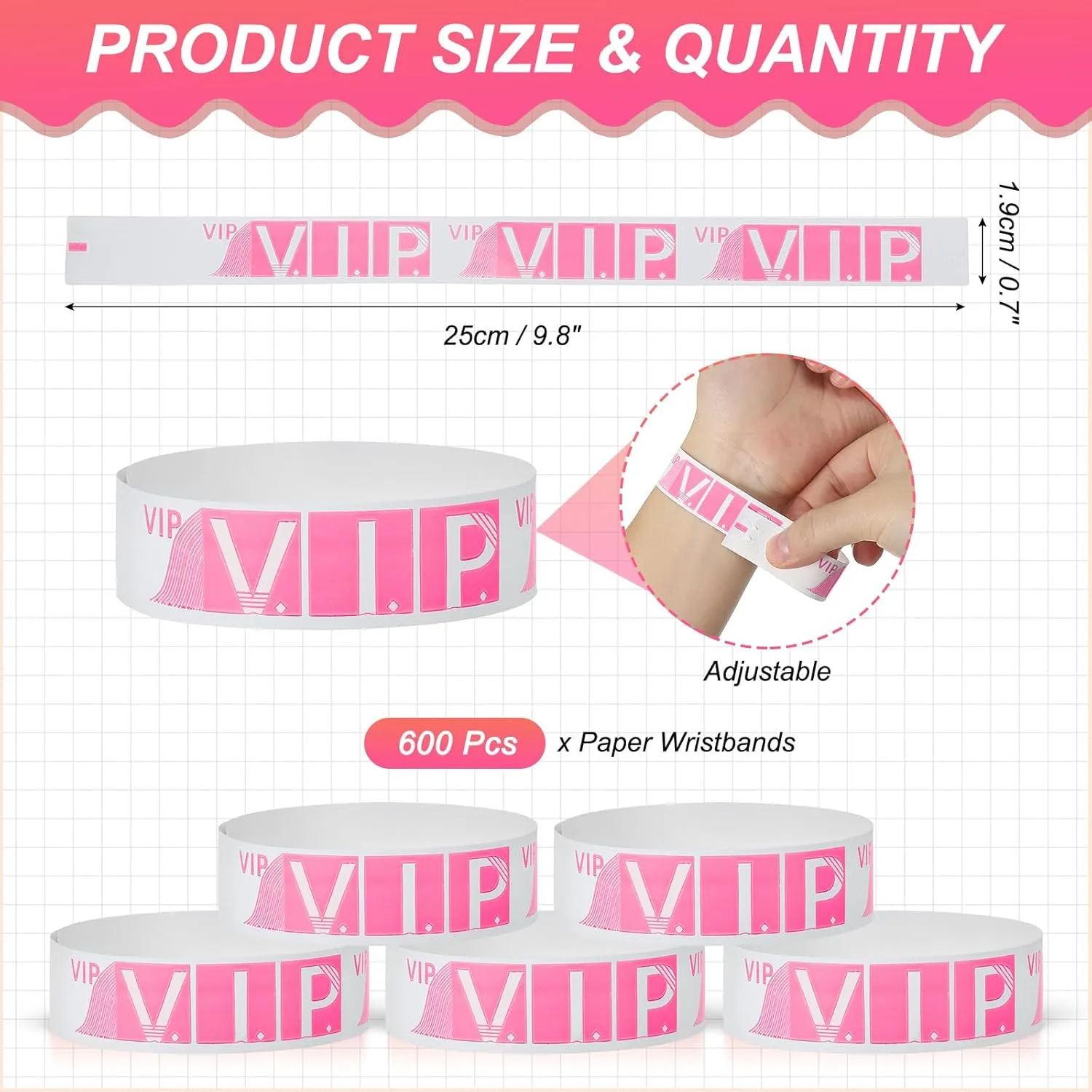 PATIKIL VIP Paper Wristbands for Events, 600 Pack Neon Party Wrist Bands, Colored Waterproof Concert Identification Wristbands Hand Bands for Bar Entrance Admission Fluorescent Pink