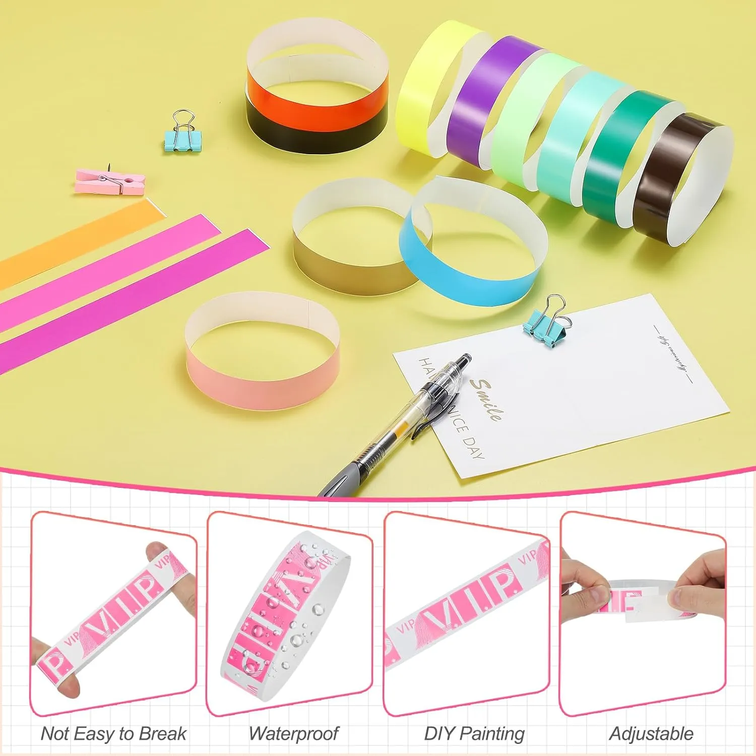 PATIKIL VIP Paper Wristbands for Events, 600 Pack Neon Party Wrist Bands, Colored Waterproof Concert Identification Wristbands Hand Bands for Bar Entrance Admission Fluorescent Pink