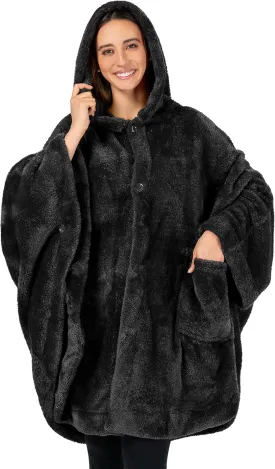 PAVILIA Angel Wrap Hooded Blanket Poncho, Wearable Blanket Throw Wrap Poncho for Women Adult, Cozy Fluffy Sherpa Fleece Shawl Cape with Hood pockets, Warm Gift for Mom Wife, Black