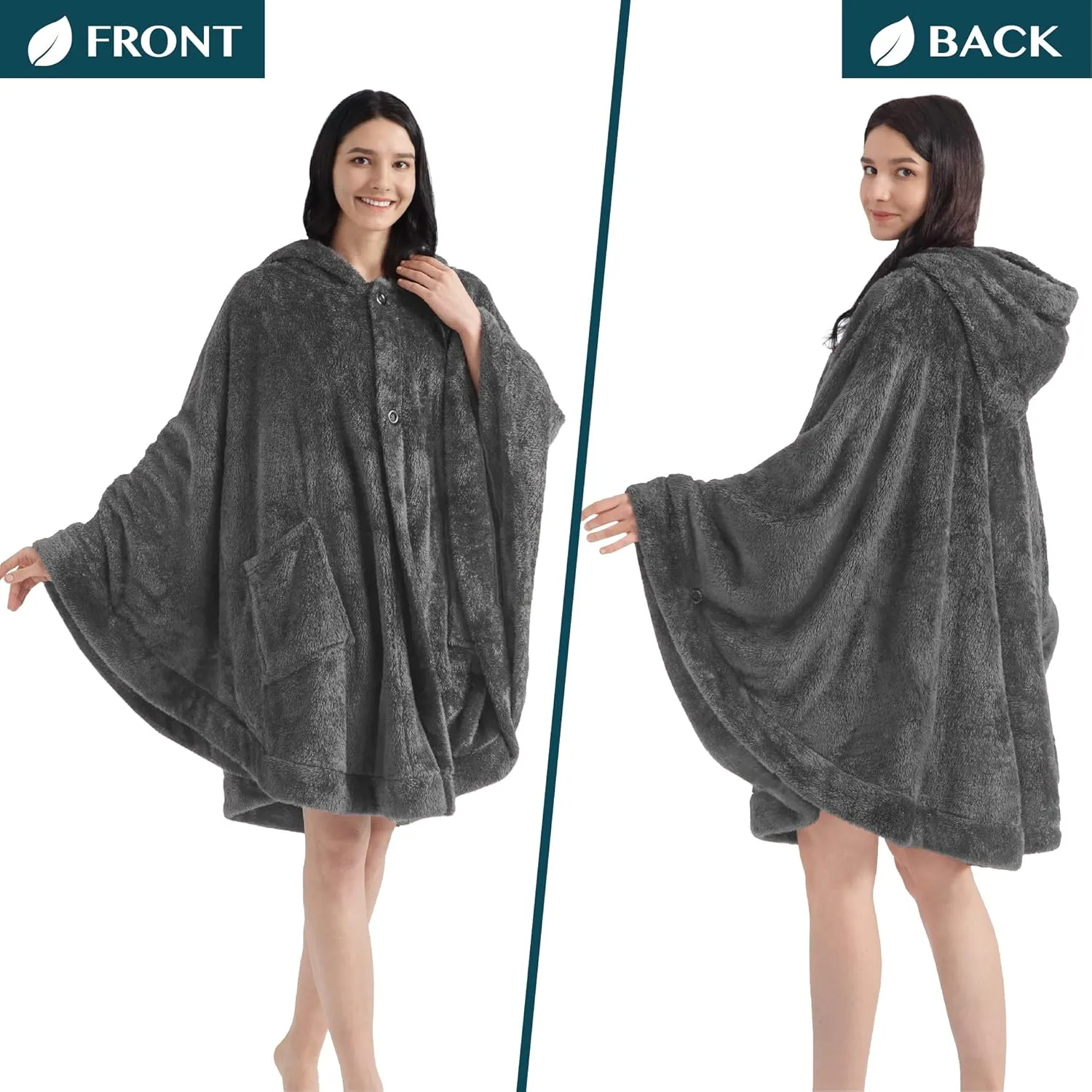 PAVILIA Angel Wrap Hooded Blanket Poncho, Wearable Blanket Throw Wrap Poncho for Women Adult, Cozy Fluffy Sherpa Fleece Shawl Cape with Hood pockets, Warm Gift for Mom Wife, Dark Gray