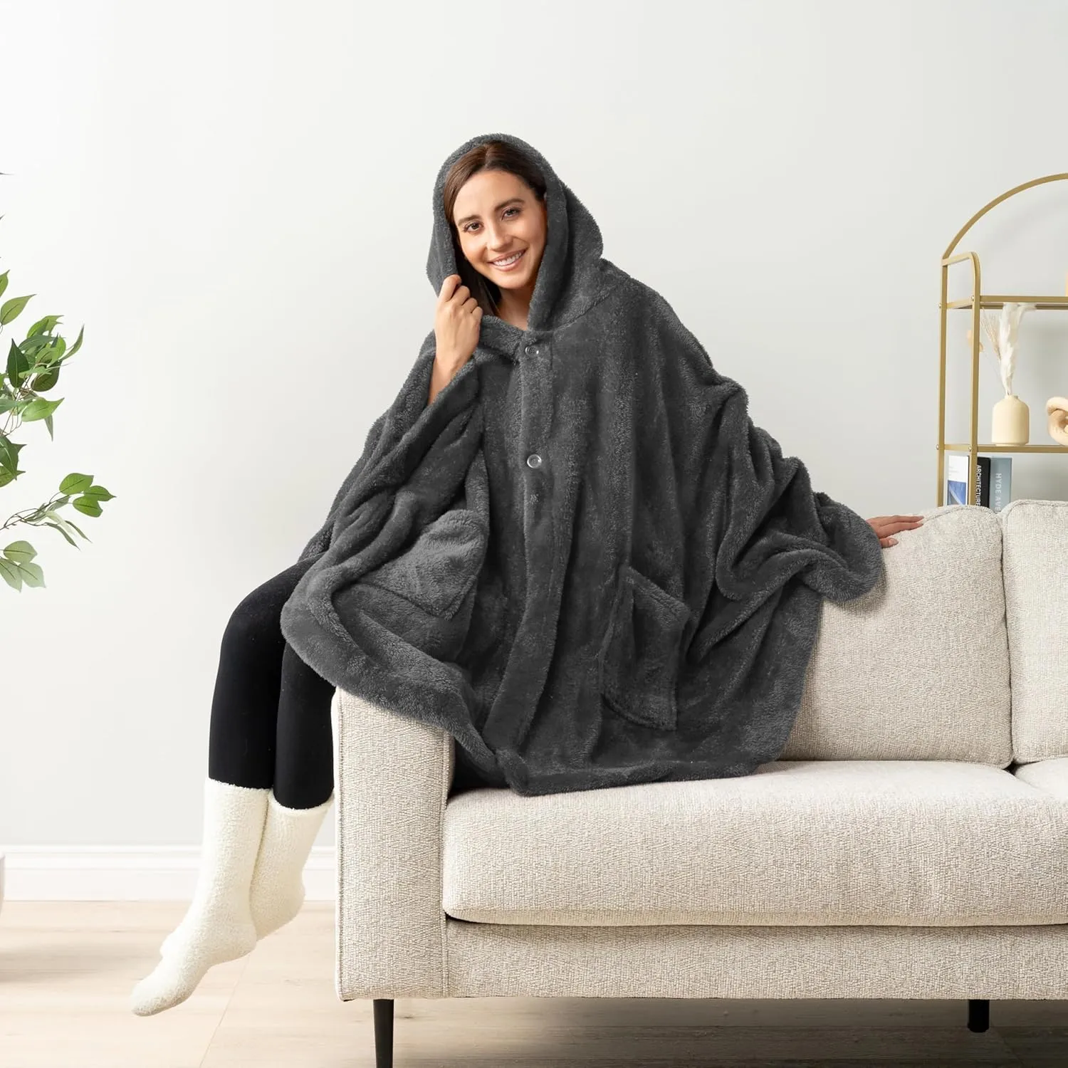 PAVILIA Angel Wrap Hooded Blanket Poncho, Wearable Blanket Throw Wrap Poncho for Women Adult, Cozy Fluffy Sherpa Fleece Shawl Cape with Hood pockets, Warm Gift for Mom Wife, Dark Gray