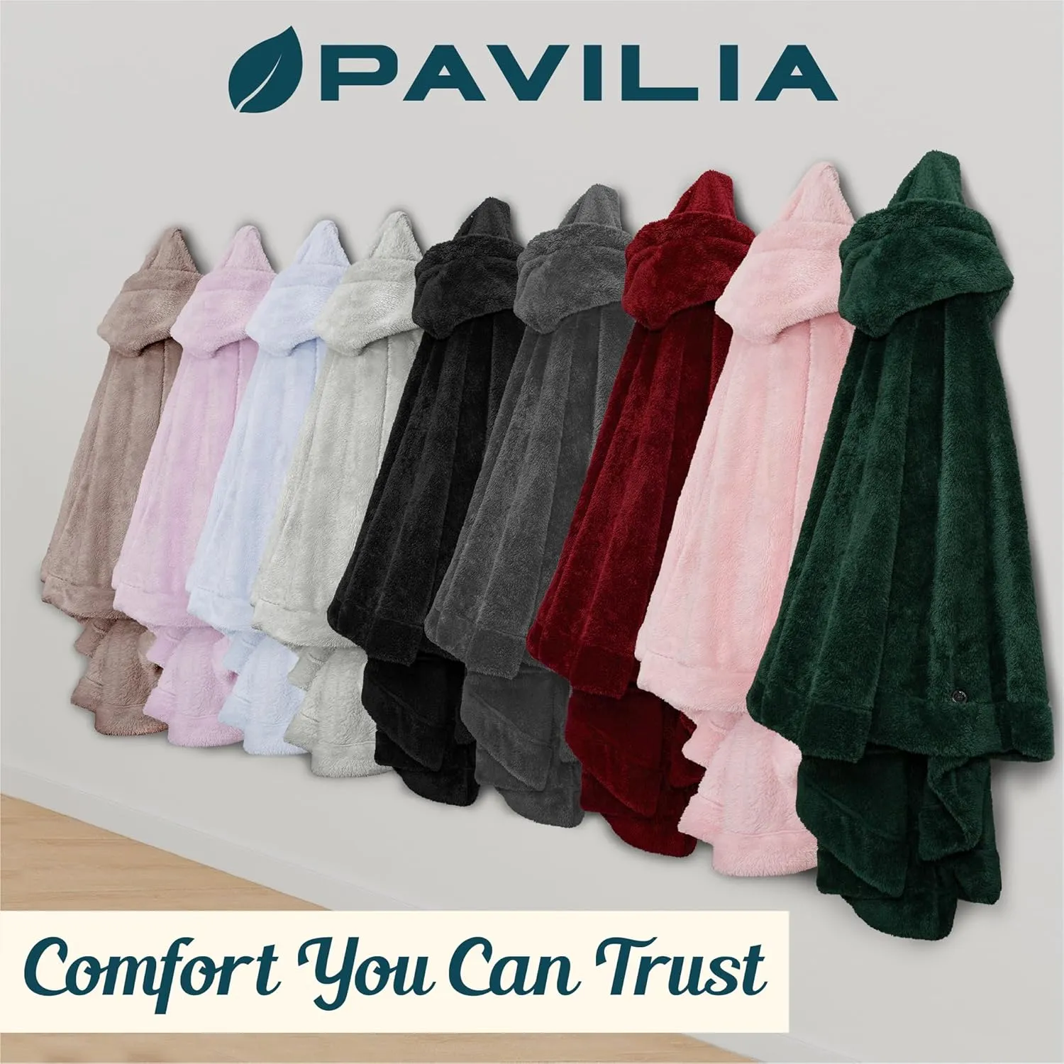 PAVILIA Angel Wrap Hooded Blanket Poncho, Wearable Blanket Throw Wrap Poncho for Women Adult, Cozy Fluffy Sherpa Fleece Shawl Cape with Hood pockets, Warm Gift for Mom Wife, Emerald Green