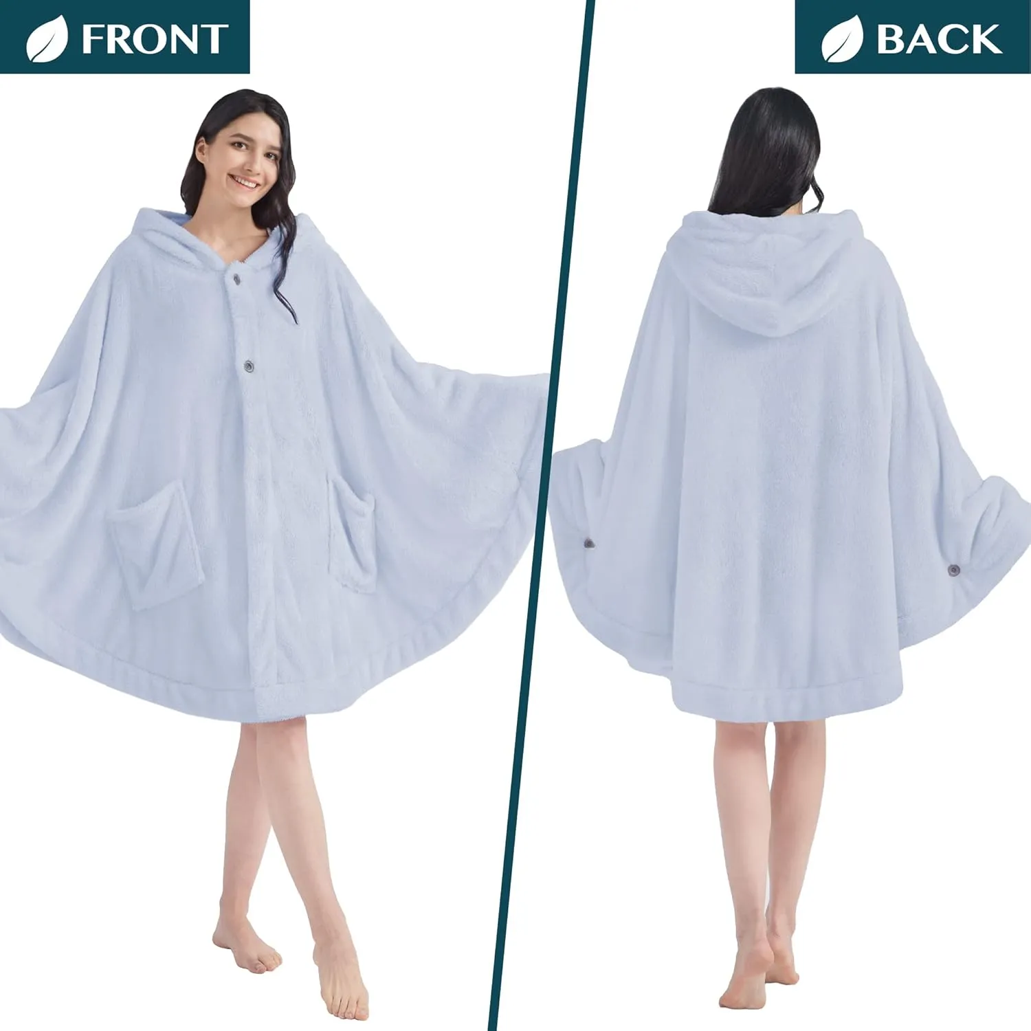 PAVILIA Angel Wrap Hooded Blanket Poncho, Wearable Blanket Throw Wrap Poncho for Women Adult, Cozy Fluffy Sherpa Fleece Shawl Cape with Hood pockets, Warm Gift for Mom Wife, Light Blue