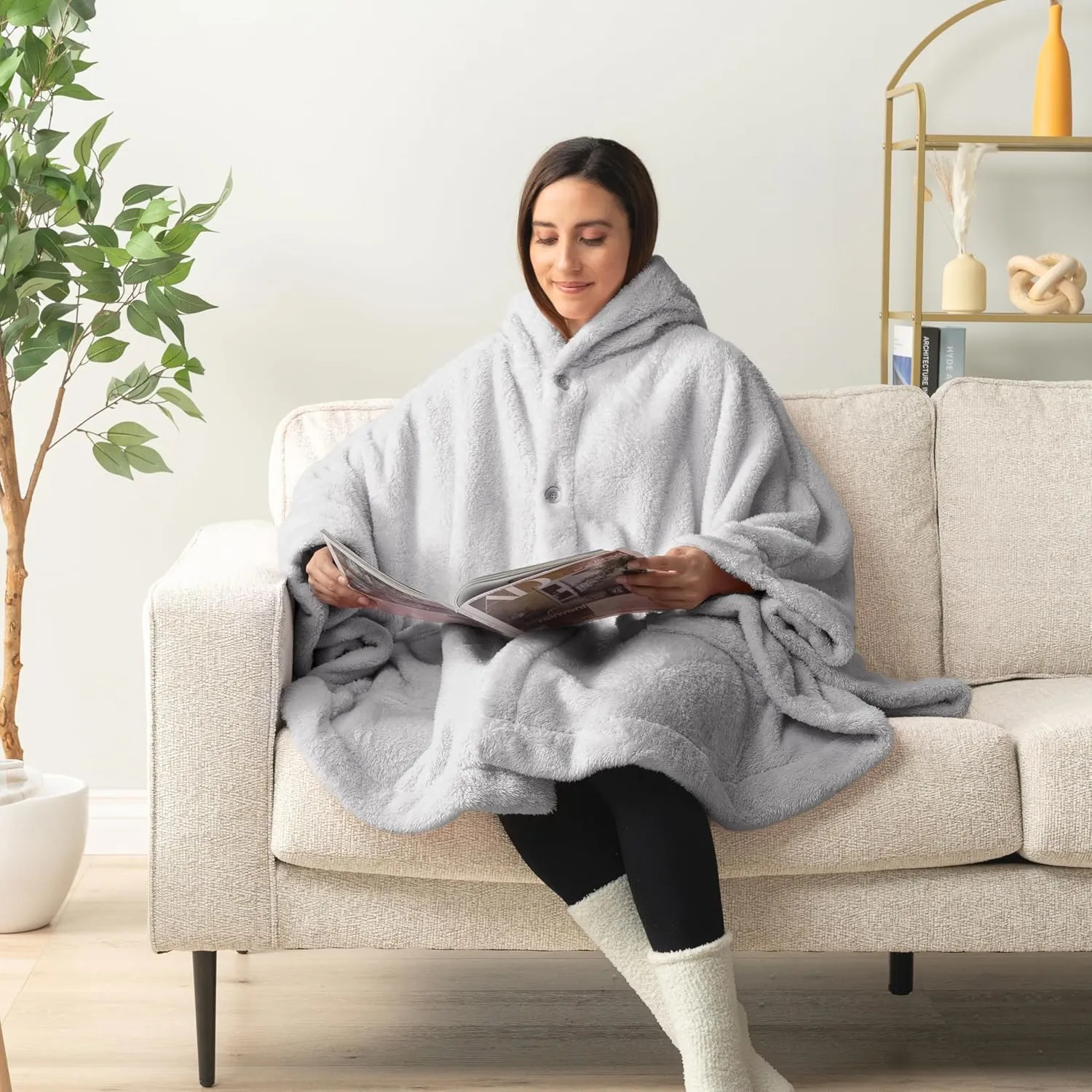 PAVILIA Angel Wrap Hooded Blanket Poncho, Wearable Blanket Throw Wrap Poncho for Women Adult, Cozy Fluffy Sherpa Fleece Shawl Cape with Hood pockets, Warm Gift for Mom Wife, Light Gray