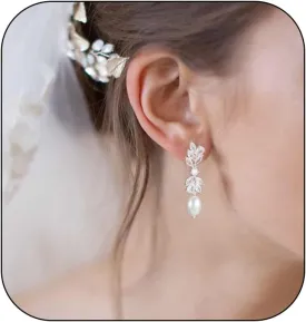 Pearl Drop Earrings for women, Dainty Bride Earrings for Wedding, Lightweight Hypoallergenic Pearl and Diamond Earring Fashion Jewelry Gift