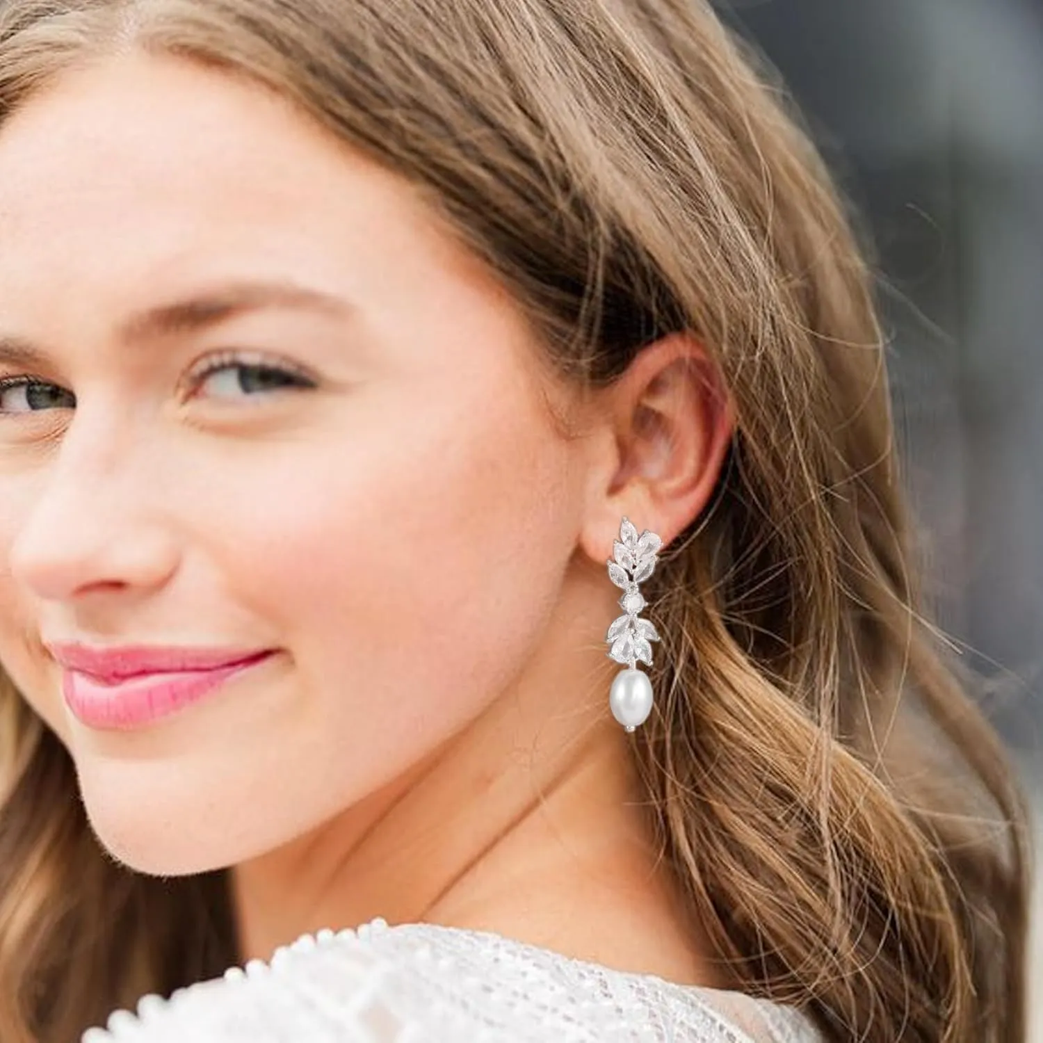 Pearl Drop Earrings for women, Dainty Bride Earrings for Wedding, Lightweight Hypoallergenic Pearl and Diamond Earring Fashion Jewelry Gift